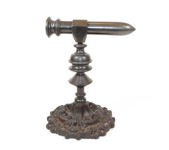 Ornate English Goffering Iron: Cast Iron with Turned Post and Ornate Cast Iron Base. Purchased From the First Hopmeyer Auction in 1999 Size 9 1/2" x 7" - 7 1/2" Barrel