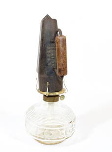 Russell Patent "Lamp" Fuel Iron: Russell Patent Dec. 18th '73. With Original Wooden Handle and Modern Glass Lamp Oil Base Size 7 3/4" L