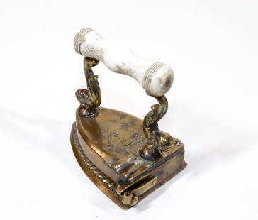 18th Century Small Size Danish Box Iron: Marked "MSS 1771". Fine Details Around Base with Bone Handle Size 2 3/4" x 2 3/4" x 2"