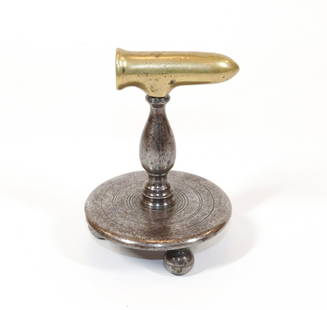 Miniature English Goffering Iron: White Steel Base with Brass Barrel and Turned Ball Feet. An Example Shown in The "Pressing News" Size 4 1/4" x 3" - 2 1/2" Barrel