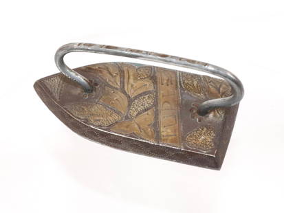 Fine Inlaid Amozoc Iron: Mrkd. "Lupe" with Leaf Decoration and Sterling Inlay - Wire Handle Size 1" x 2 1/2" x 1 1/4"