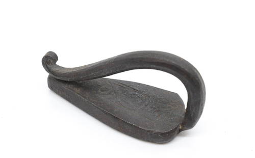 Miniature Hand Forged Blacksmith Made Iron: Small Size Flat Iron with Blacksmith Touchmark. Engraved Top with Rat Tail Handle. Teardrop Shape Size 1 1/8" x 2 1/4" x 3/4"