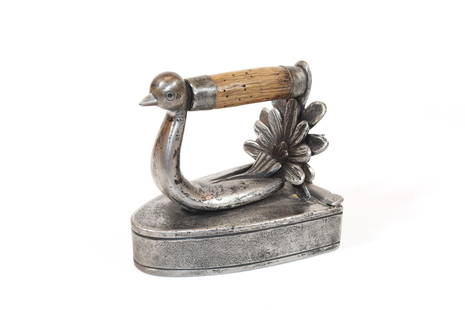 Rare European "Peacock" Box Iron: Eastern European Figural Box Iron with Lift Gate and Original Wooden Handle. In the Form of a Peacock Size 5 1/4" x 5 12" x 4"