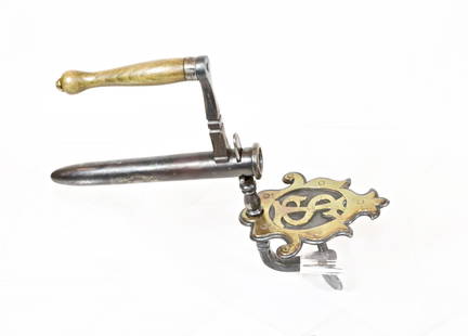 Rare Swedish Clamp-On Goffering Iron: Two-Piece Clamp-On Goffering Iron. Initialed "TS" with Brass Decoration on Base - With Interior Slug Size 9 1/2" (Total Height) with 7 1/2" Barrel