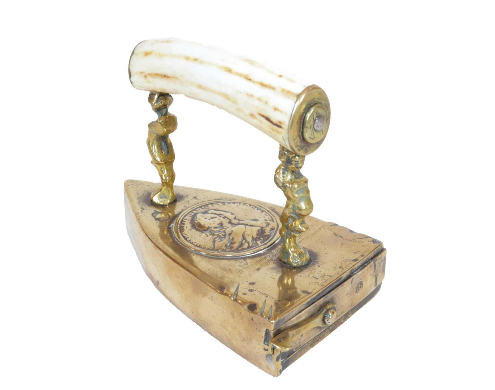 18th Century European Slug Iron: Embossed Brass Medallion with Pair of Gentlemen's Profiles. "Frederick Etoiyisad Grey Etregdan" Inscribed Around Edge of Medallion. Pair of Figural Posts with Bone Handle. "IB' Hallmark on Rear Hinged