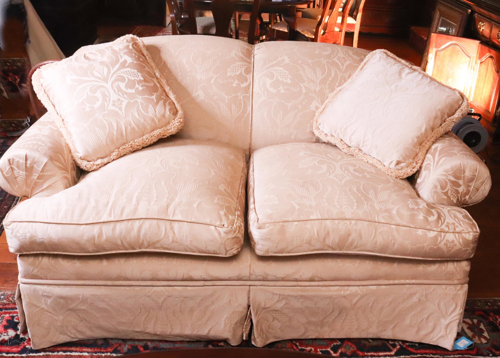 UPHOLSTERED LOVESEAT: MATCHES WING CHAIR SIZE: 33" X 64" X 36" DISCLAIMER: Pick up DATE: Saturday, July 17 from 10am to 2pm at the address of 161 Raritan River Rd, Califon, NJ