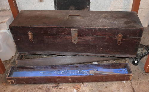 ANTIQUE WOODEN TOOL BOX: LIFT LID TOOL CHEST WITH INTERIOR TILLS DISCLAIMER: Pick up DATE: Saturday, July 17 from 10am to 2pm at the address of 161 Raritan River Rd, Califon, NJ