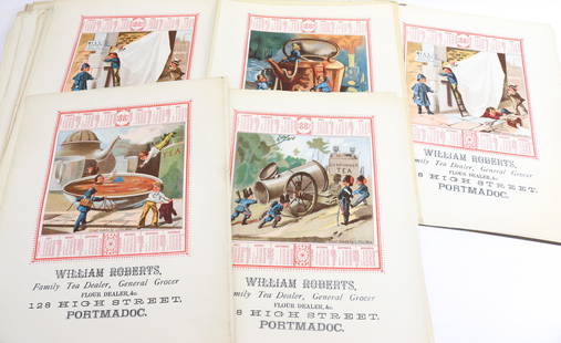 LARGE LOT OF 1882 ADVERTISING CALENDAR SHEETS: FOR WILLIAM ROBERTS, FAMILY TEA DEALER, GENERAL GROCER. ALSO, TEA ADVERTISERS SIZE: 14" X 11"