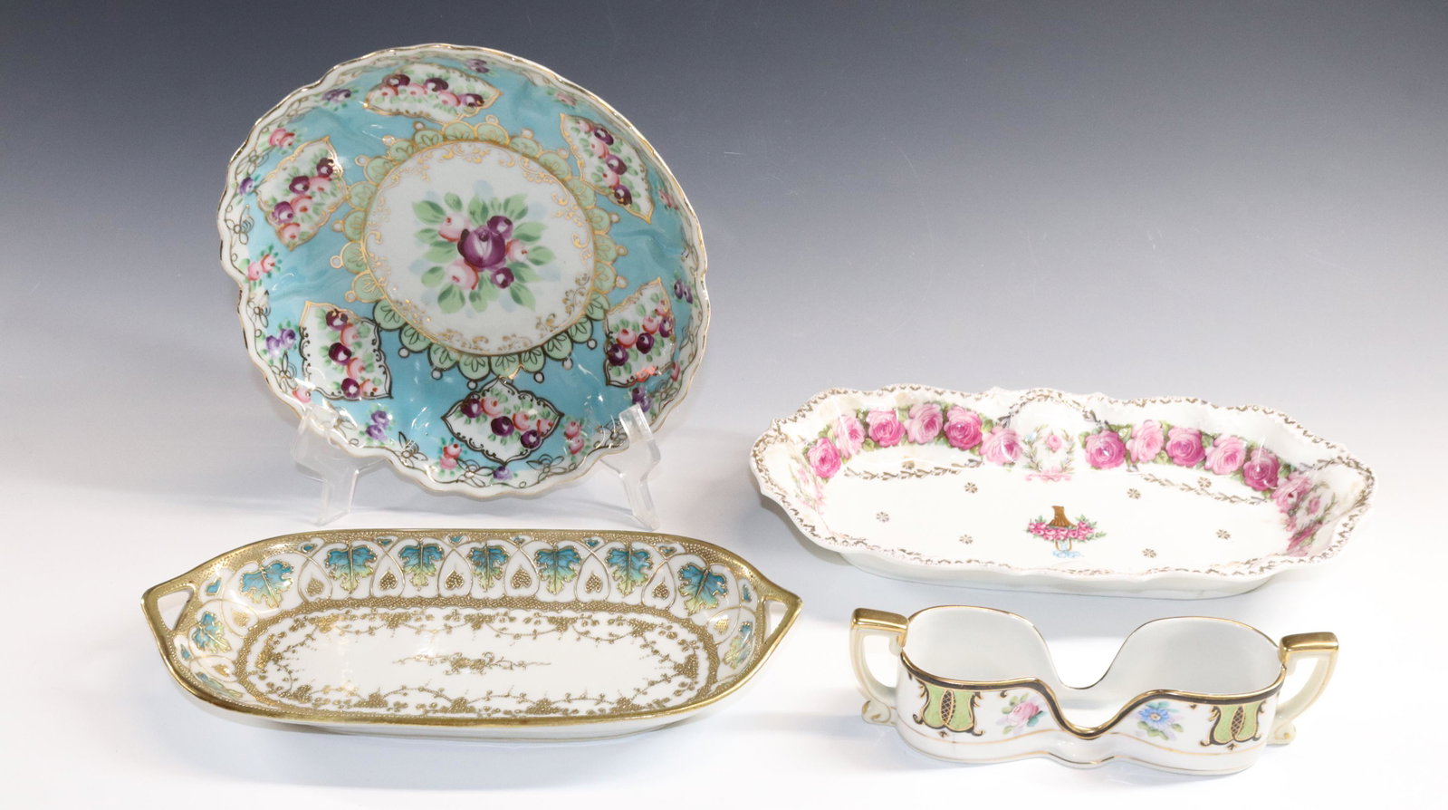 GROUP LOT OF PORCELAIN: NORITAKE SPOON HOLDER, TWO RELISH BOWLS (ONE GERMANY) AND ROUND BOWL (UNMARKED) SIZE: RELISH 12" X 6"