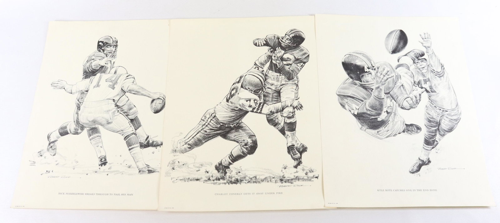 (3) VINTAGE FOOTBALL PRINTS: MRKD. SHELL OIL CO. 1959. BY ROBERT RIGER (KYLE ROTE, CHARLEY CONERLY, DICK MODZELEWSKI) 13 3/4" X 10 3/4"