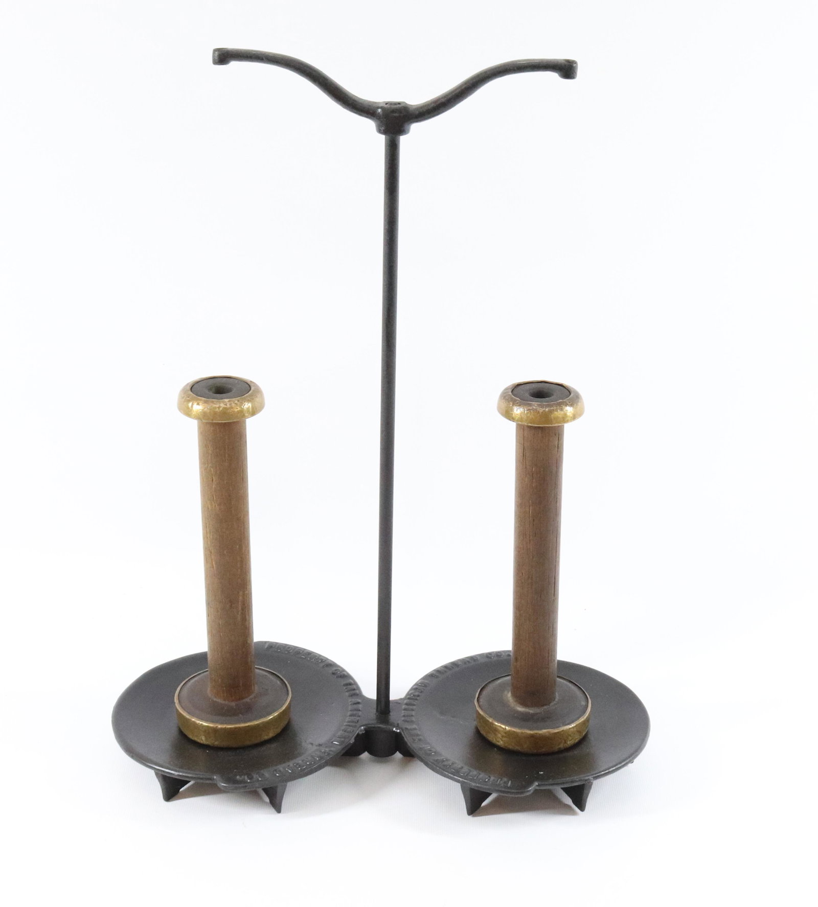 CAST IRON INDUSTRIAL THREAD HOLDER: PROPERTY OF THE AMERICAN THREAD CO. - INCLUDES (2) WOOD AND BRASS SPOOLS Dimensions 16" X 12" PLEASE READ BEFORE BIDDING – PICKUP FOR THIS AUCTION WILL NOT BE UNTIL THE WEEK OF OCTOBER 25TH. PIC