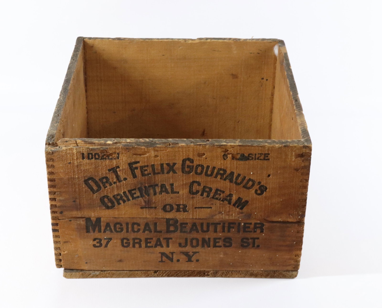 VINTAGE WOODEN ADVERTISING BOX: DR. FELIX GOURAUD'S ORIENTAL CREAM - NEW YORK Dimensions 6 1/2" X 11 1/2" X 10 1/2" PLEASE READ BEFORE BIDDING – PICKUP FOR THIS AUCTION WILL NOT BE UNTIL THE WEEK OF OCTOBER 25TH. PICK-UP WILL 
