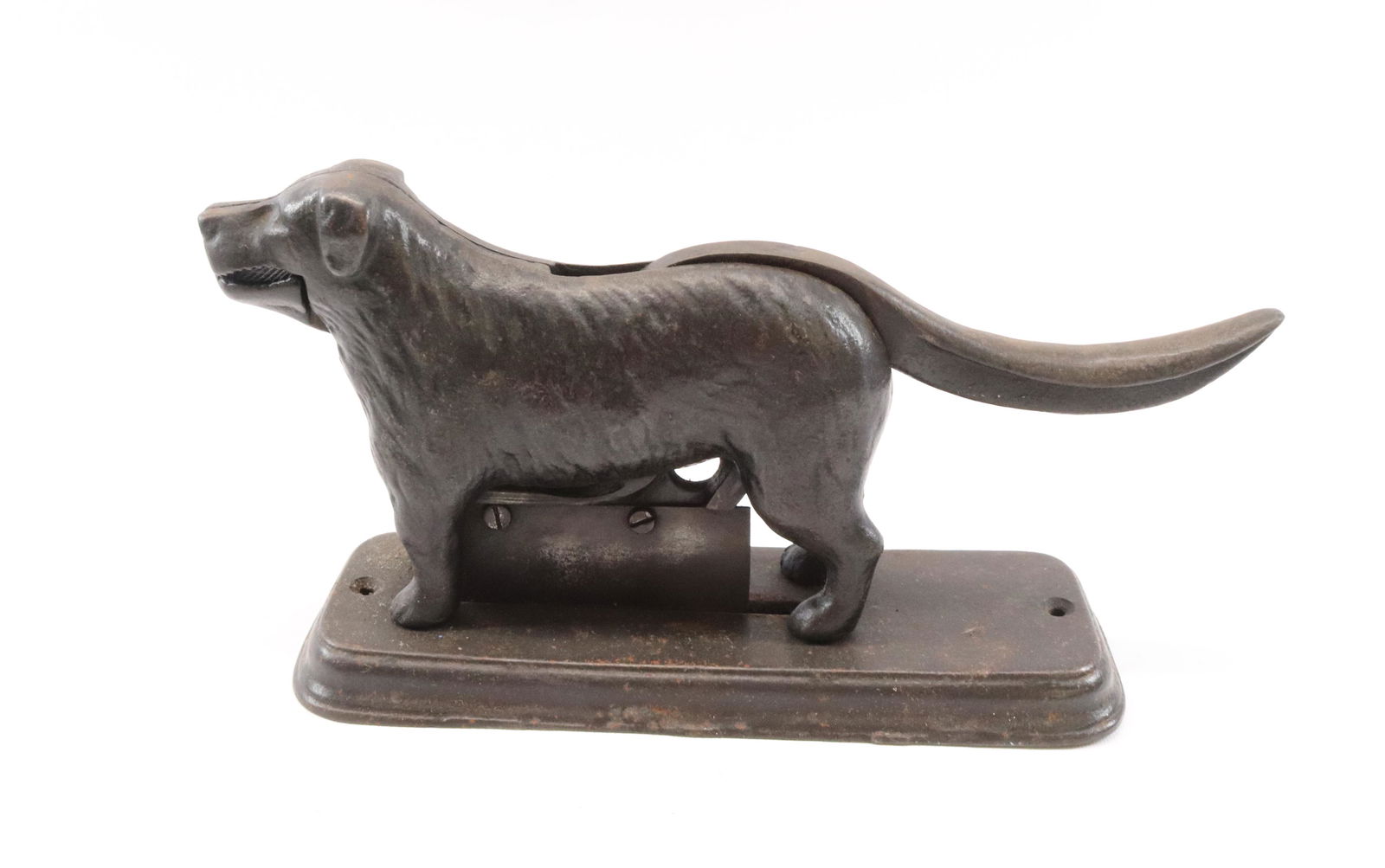CAST IRON NUTCRACKER/TOBACCO CUTTER: PAINTED SURFACE WITH DOG ON BASE. Dimensions 6 1/2" X 12 1/4" PLEASE READ BEFORE BIDDING – PICKUP FOR THIS AUCTION WILL NOT BE UNTIL THE WEEK OF OCTOBER 25TH. PICK-UP WILL BE FROM 9:00AM TILL 4: