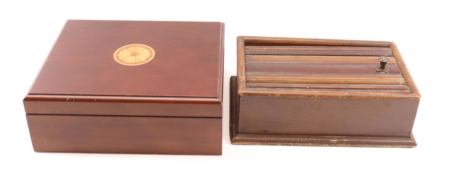 ANTIQUE SLIDE LID BOX WITH MODERN BOX: SLIDE LID BOX WITH UNUSUAL LID. MODERN CIGAR BOX WITH INLAY AND LINED. Dimensions SLIDE LID BOX 11 1/2" X 7" PLEASE READ BEFORE BIDDING – PICKUP FOR THIS AUCTION WILL NOT BE UNTIL THE WEEK OF OC