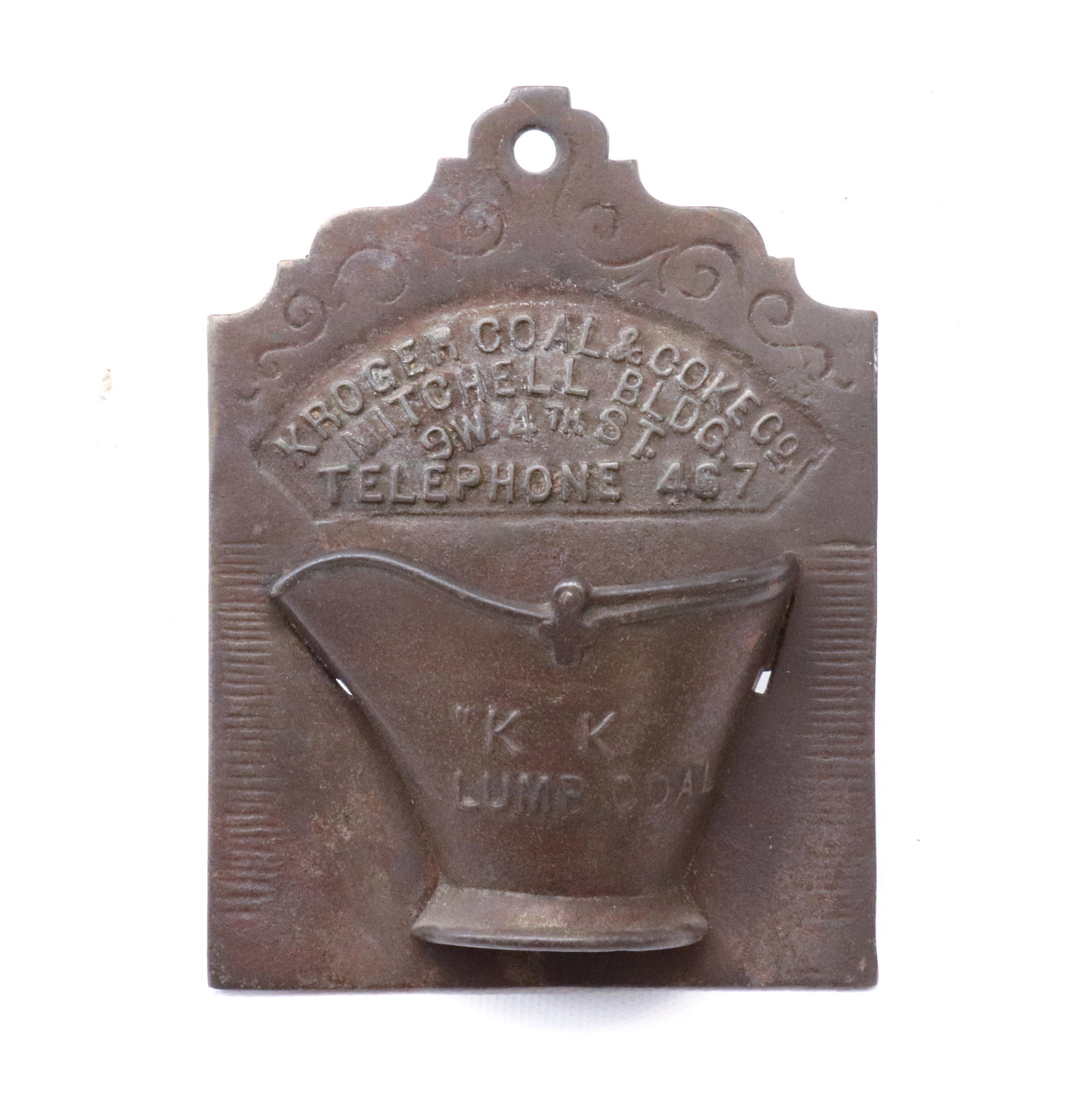 ADVERTISING CAST IRON MATCH SAFE: KROGER COAL AND COKE CO. "K.K. LUMP COAL" Dimensions 5 1/4" PLEASE READ BEFORE BIDDING – PICKUP FOR THIS AUCTION WILL NOT BE UNTIL THE WEEK OF OCTOBER 25TH. PICK-UP WILL BE FROM 9:00AM TILL 4:00