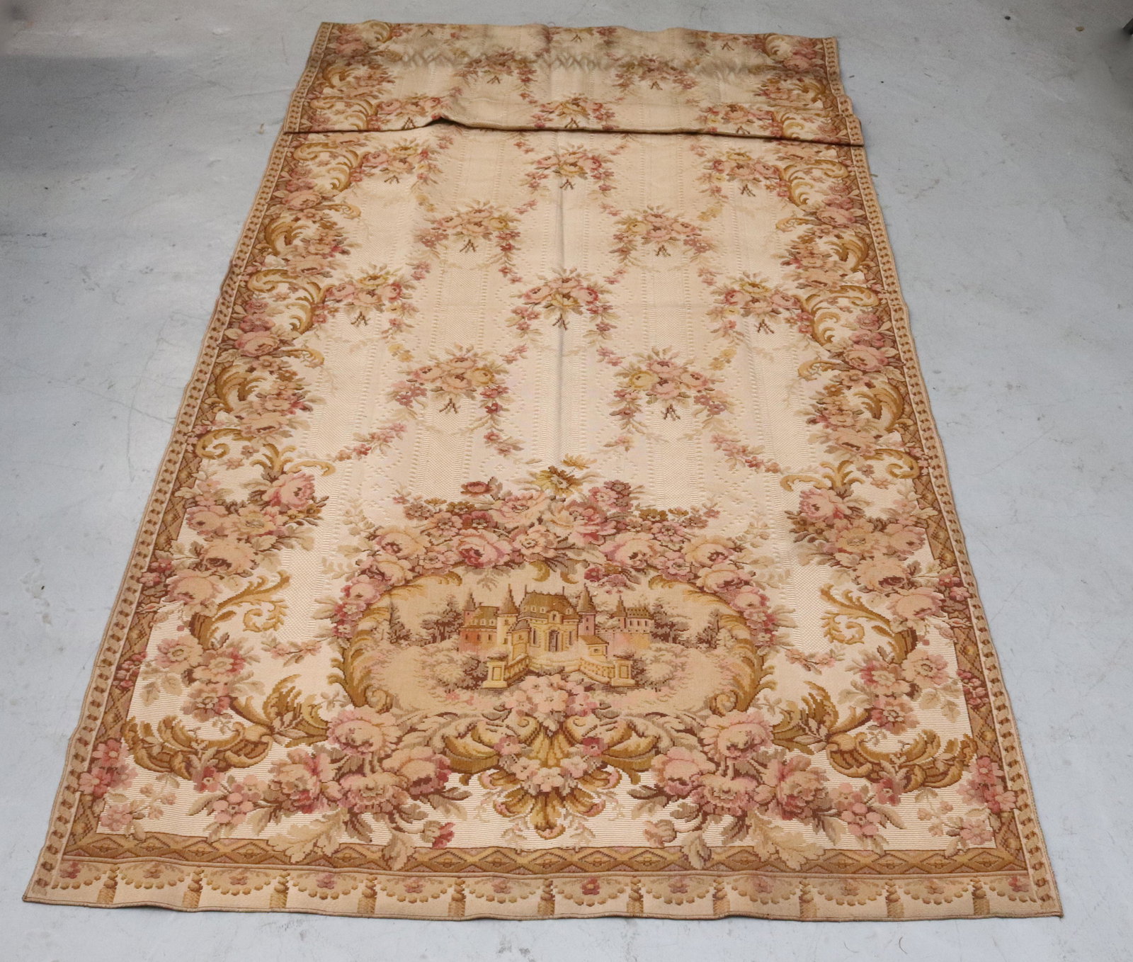 PAIR OF TAPESTRY CURTAINS AND TABLE RUNNER: ART LOOM TAPESTRIES WITH TRADEMARK BRIDGE - BROWN AND SOFT PINK COLORS WITH LARGE HOUSE SCENE Dimensions CURTAINS 79" X 48" - RUNNER 104" X 48" PLEASE READ BEFORE BIDDING – PICKUP FOR THIS AUCTI