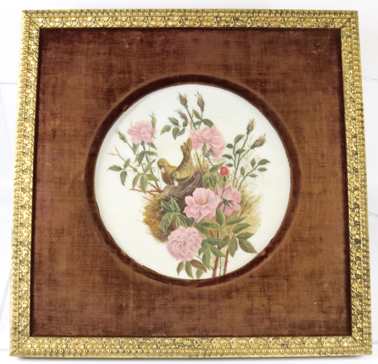 VICTORIAN PAINTING ON SATIN GLASS: BIRDS WITH NEST, OLD VELVET MAT GESSO FRAME Dimensions 17 1/2" X 17 1/2" PLEASE READ BEFORE BIDDING – PICKUP FOR THIS AUCTION WILL NOT BE UNTIL THE WEEK OF OCTOBER 25TH. PICK-UP WILL BE FROM 9:0