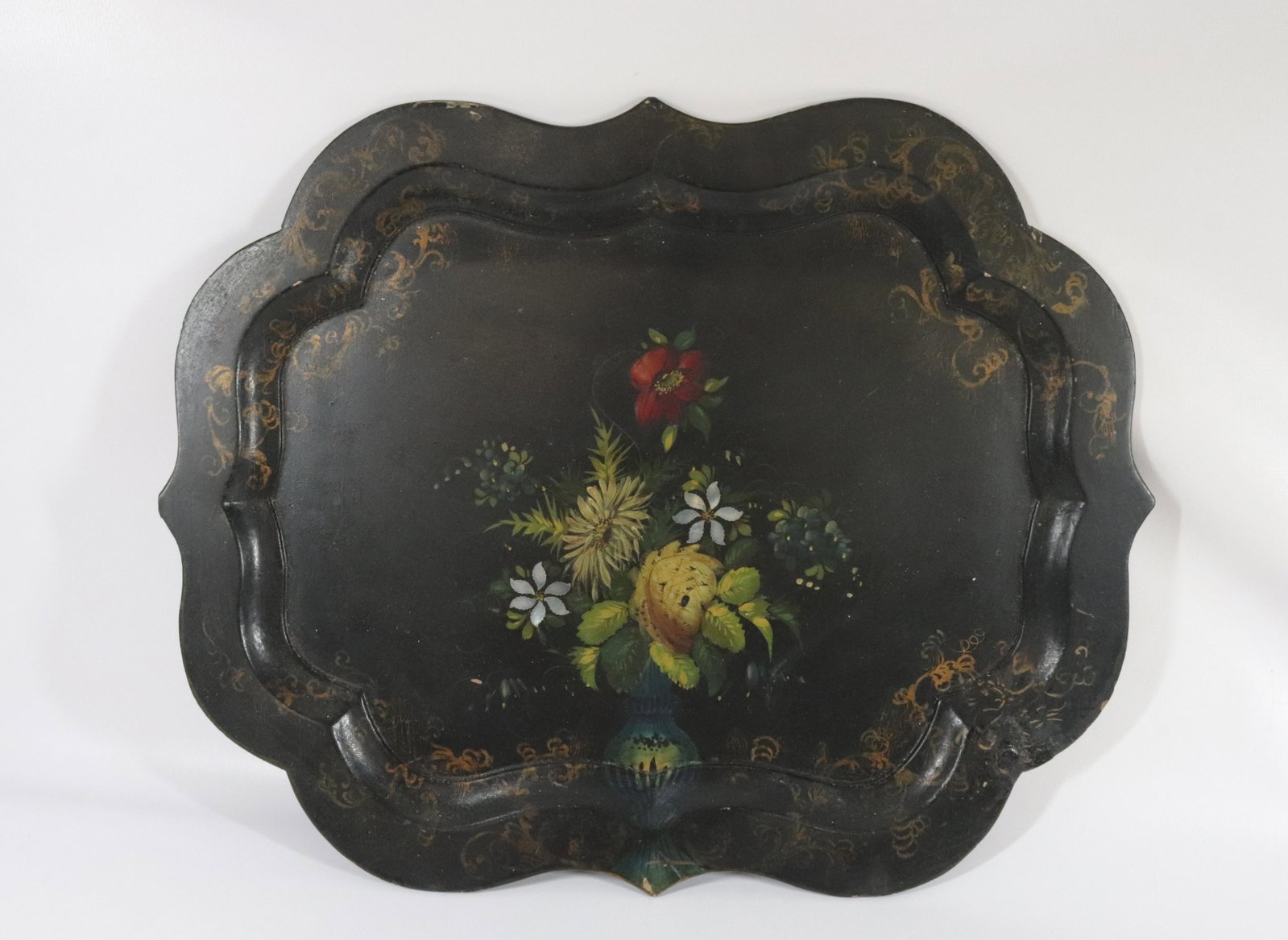 PAPER MACHE TRAY: HAND PAINTED WITH SERPENTINE BORDER - 19TH CENTURY Dimensions 20" X 35" PLEASE READ BEFORE BIDDING – PICKUP FOR THIS AUCTION WILL NOT BE UNTIL THE WEEK OF OCTOBER 25TH. PICK-UP WILL BE FROM 9:00