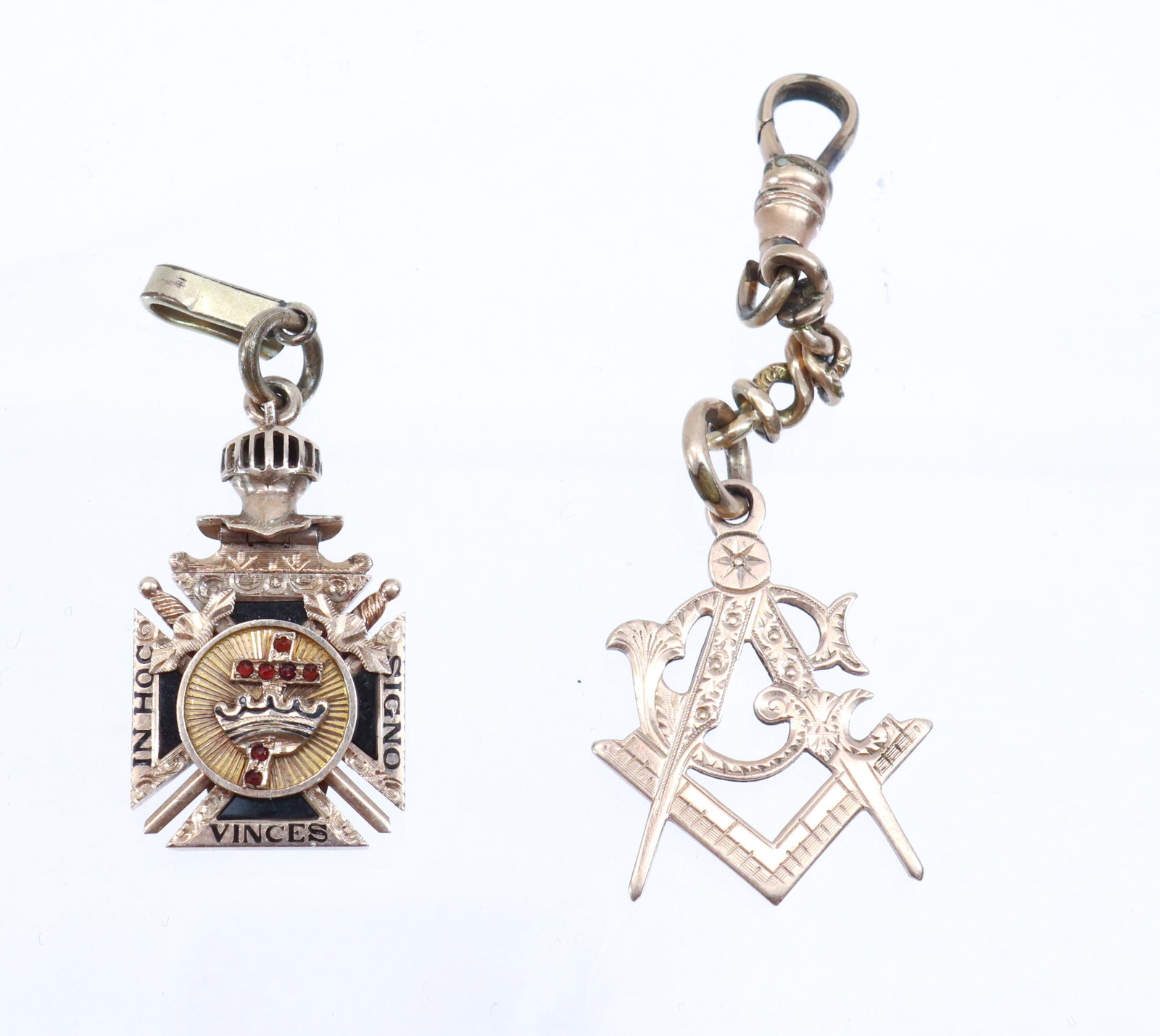 10K WATCH FOB CHARMS: MASONIC AND KNIGHTS OF COLUMBUS - 8.5 DWT TOTAL WEIGHT Dimensions PLEASE READ BEFORE BIDDING – PICKUP FOR THIS AUCTION WILL NOT BE UNTIL THE WEEK OF OCTOBER 25TH. PICK-UP WILL BE FROM 9:00AM TIL