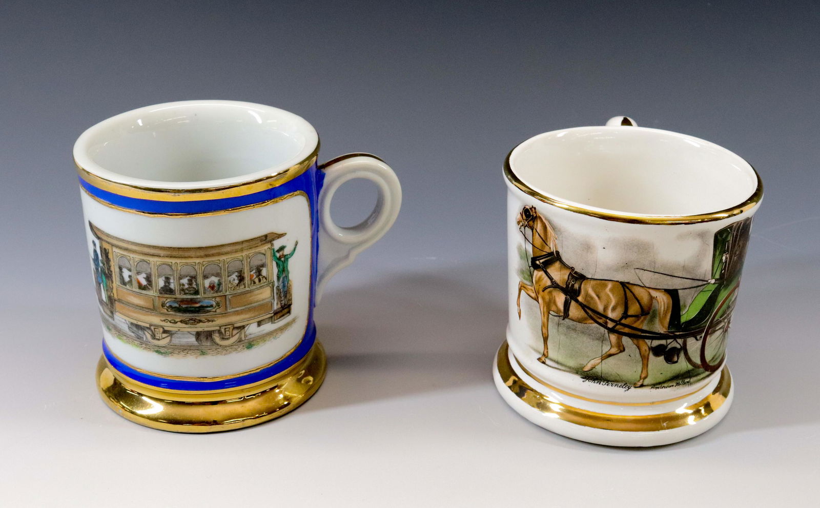 PR. OF ANTIQUE OCCUPATIONAL SHAVING MUGS: HORSE DRAWN TROLLEY AND SULKY Dimensions 4" AND 3 1/2" PLEASE READ BEFORE BIDDING – PICKUP FOR THIS AUCTION WILL NOT BE UNTIL THE WEEK OF OCTOBER 25TH. PICK-UP WILL BE FROM 9:00AM TILL 4:00PM &#