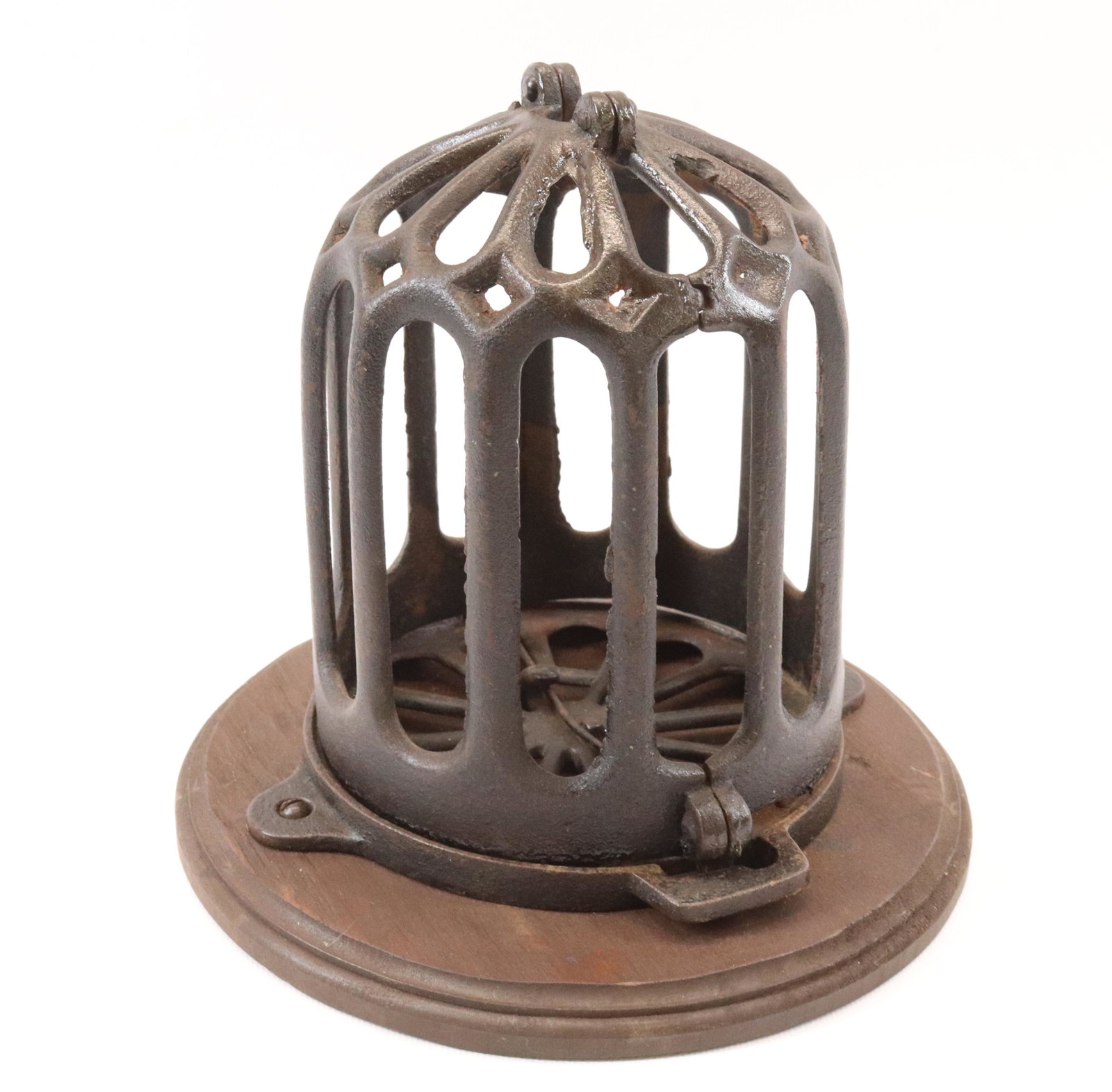 ANTIQUE CAST IRON STRING HOLDER: BIRD CAGE STYLE WITH WOODEN BASE Dimensions 7" H PLEASE READ BEFORE BIDDING – PICKUP FOR THIS AUCTION WILL NOT BE UNTIL THE WEEK OF OCTOBER 25TH. PICK-UP WILL BE FROM 9:00AM TILL 4:00PM – 