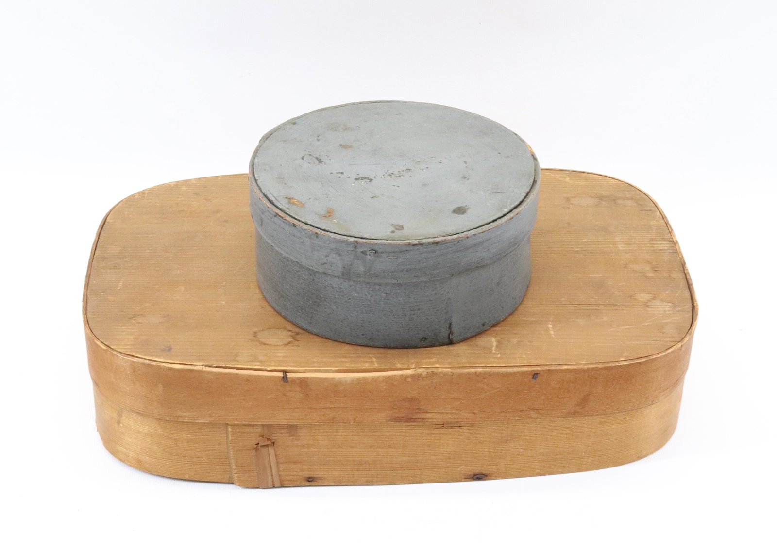 PAINTED PANTRY BOX AND LIDDED BOX: GRAY PAINT OVER GREEN Dimensions PANTRY BOX 2 3/4" X 6 1/4" PLEASE READ BEFORE BIDDING – PICKUP FOR THIS AUCTION WILL NOT BE UNTIL THE WEEK OF OCTOBER 25TH. PICK-UP WILL BE FROM 9:00AM TILL 4:00