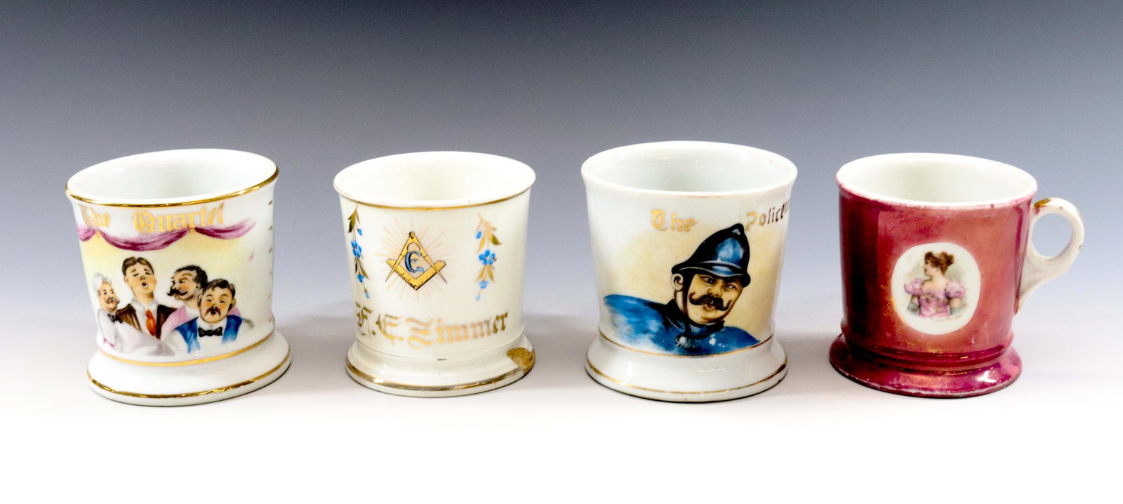 (4) VINTAGE SHAVING MUGS: THE QUARTET (FOUR SINGERS ON FRONT), THE POLICEMAN, VICTORIAN WOMAN (GERMANY) AND MASONIC Dimensions PLEASE READ BEFORE BIDDING – PICKUP FOR THIS AUCTION WILL NOT BE UNTIL THE WEEK OF OCTOBER 25