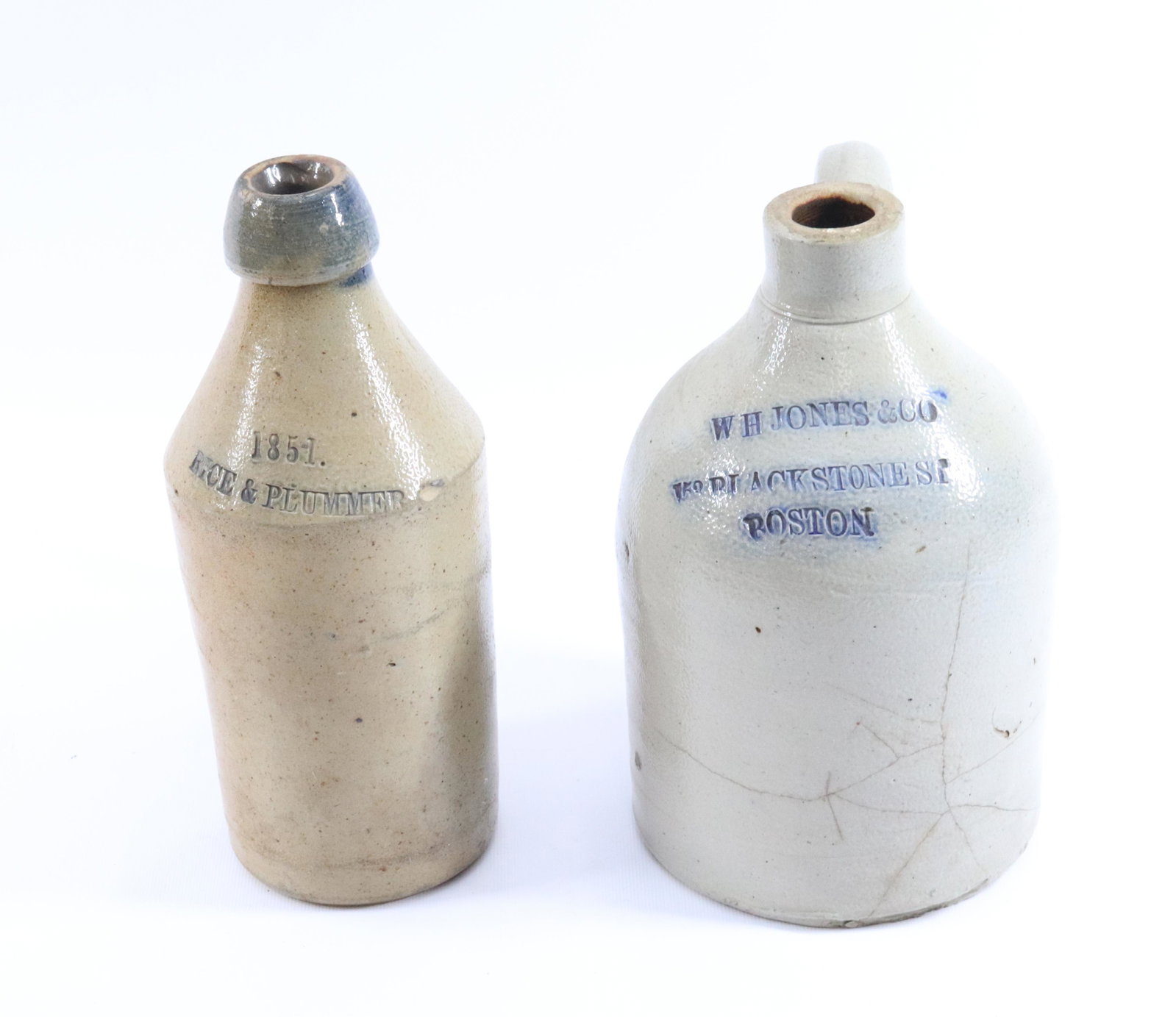 STONEWARE DATED BOTTLE AND JUG: BOTTLE IS MRKD. 1851 RICE & PLUMMER. JUG IS WH JONES & CO. 153 BLACKSTONE ST. BOSTON Dimensions PLEASE READ BEFORE BIDDING – PICKUP FOR THIS AUCTION WILL NOT BE UNTIL THE WEEK OF OCTOBER 25TH. P