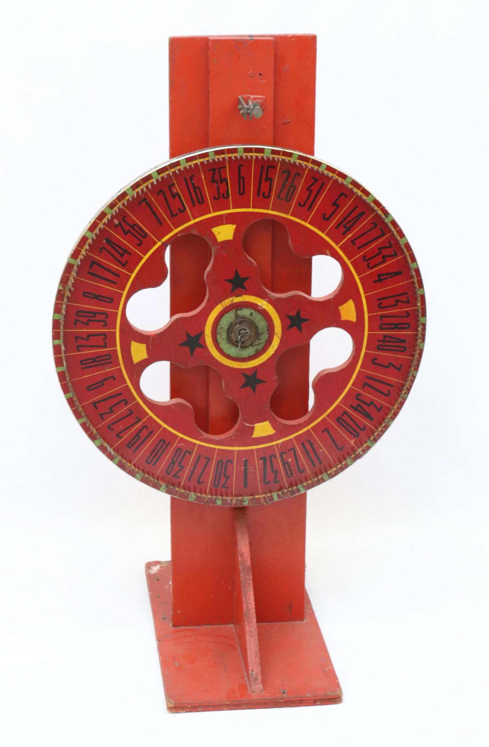 PAINTED WOODEN GAMING WHEEL ON STAND (1 of 2)