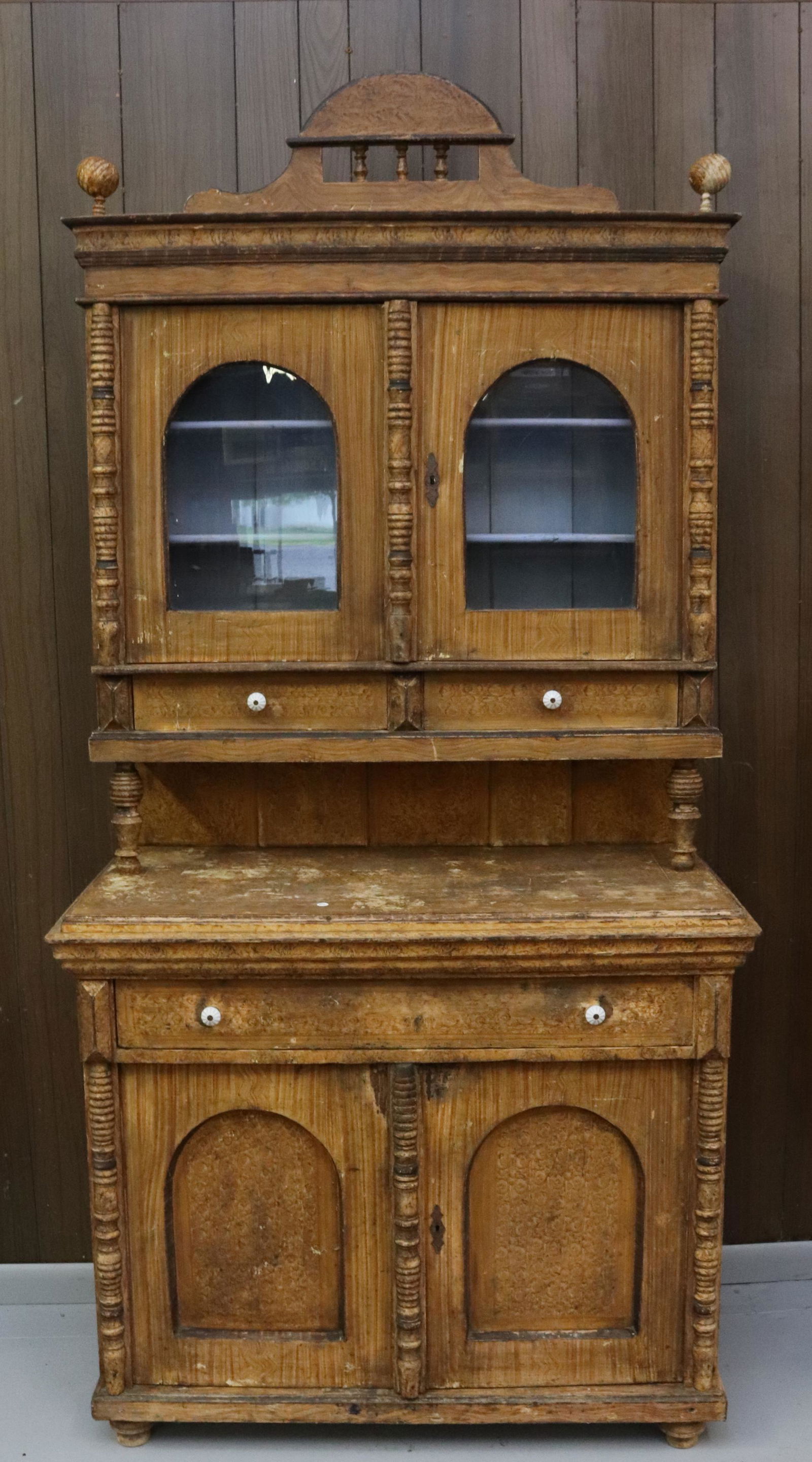 GRAIN PAINTED TWO-PIECE CUPBOARD (1 of 5)