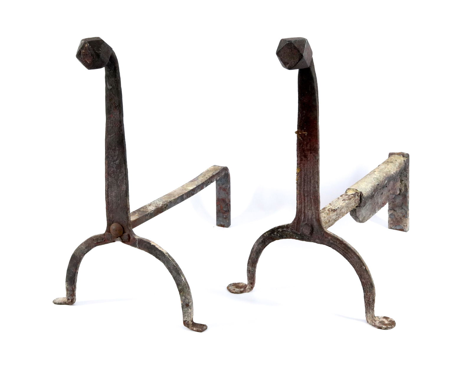 (2) WROUGHT IRON ANDIRONS: EARLY IRON. NOT IDENTICAL MATCHING PAIR Dimensions 17" H PLEASE READ BEFORE BIDDING – PICKUP FOR THIS AUCTION WILL NOT BE UNTIL THE WEEK OF OCTOBER 25TH. PICK-UP WILL BE FROM 9:00AM TILL 4:00PM