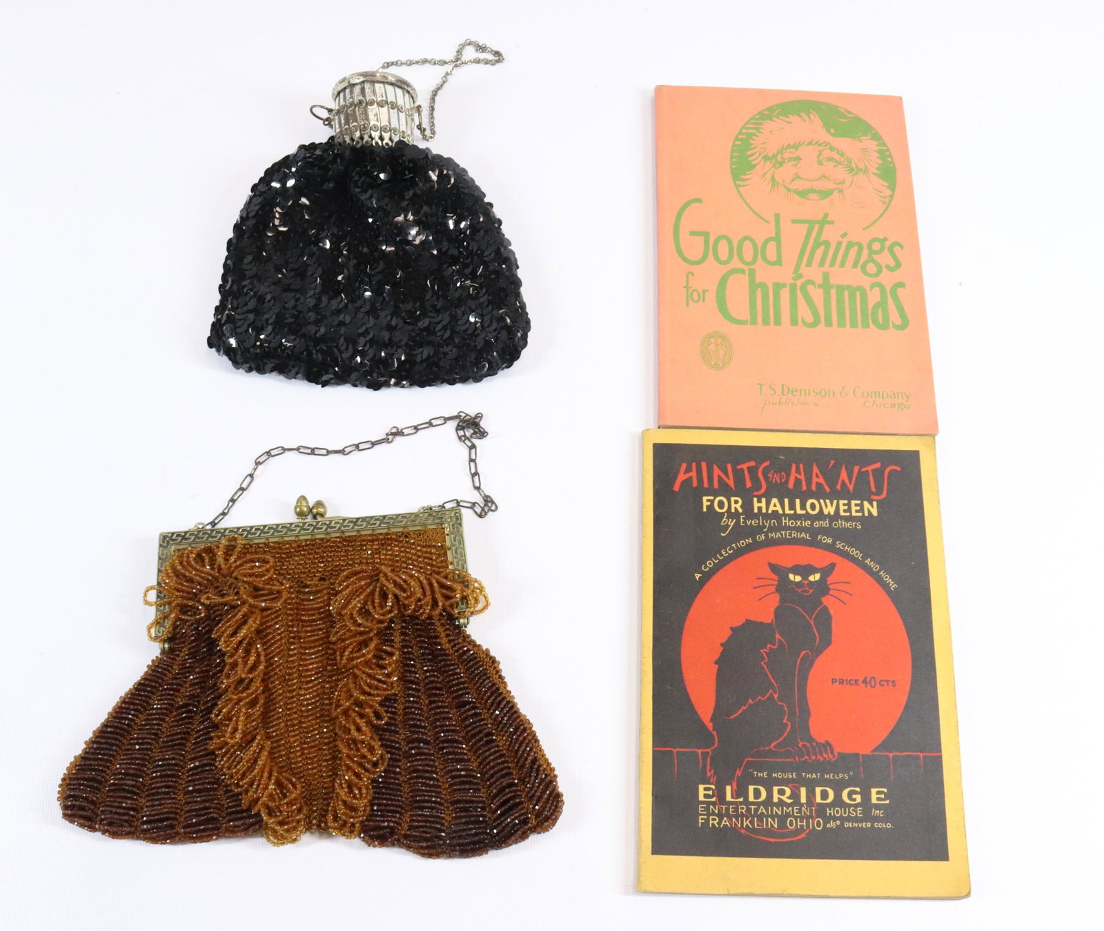 EARLY HOLIDAY BOOK LOT WITH BAGS: HALLOWEEN AND CHRISTMAS, CIRCA 1930'S - "HINT'S AND HUNT'S FOR HALLOWEEN", "GOOD THINGS FOR CHRISTMAS"- INCLUDES TWO 1920S VINTAGE PURSES. PLEASE READ BEFORE BIDDING ? PICKUP FOR THIS AUCTION WILL NOT