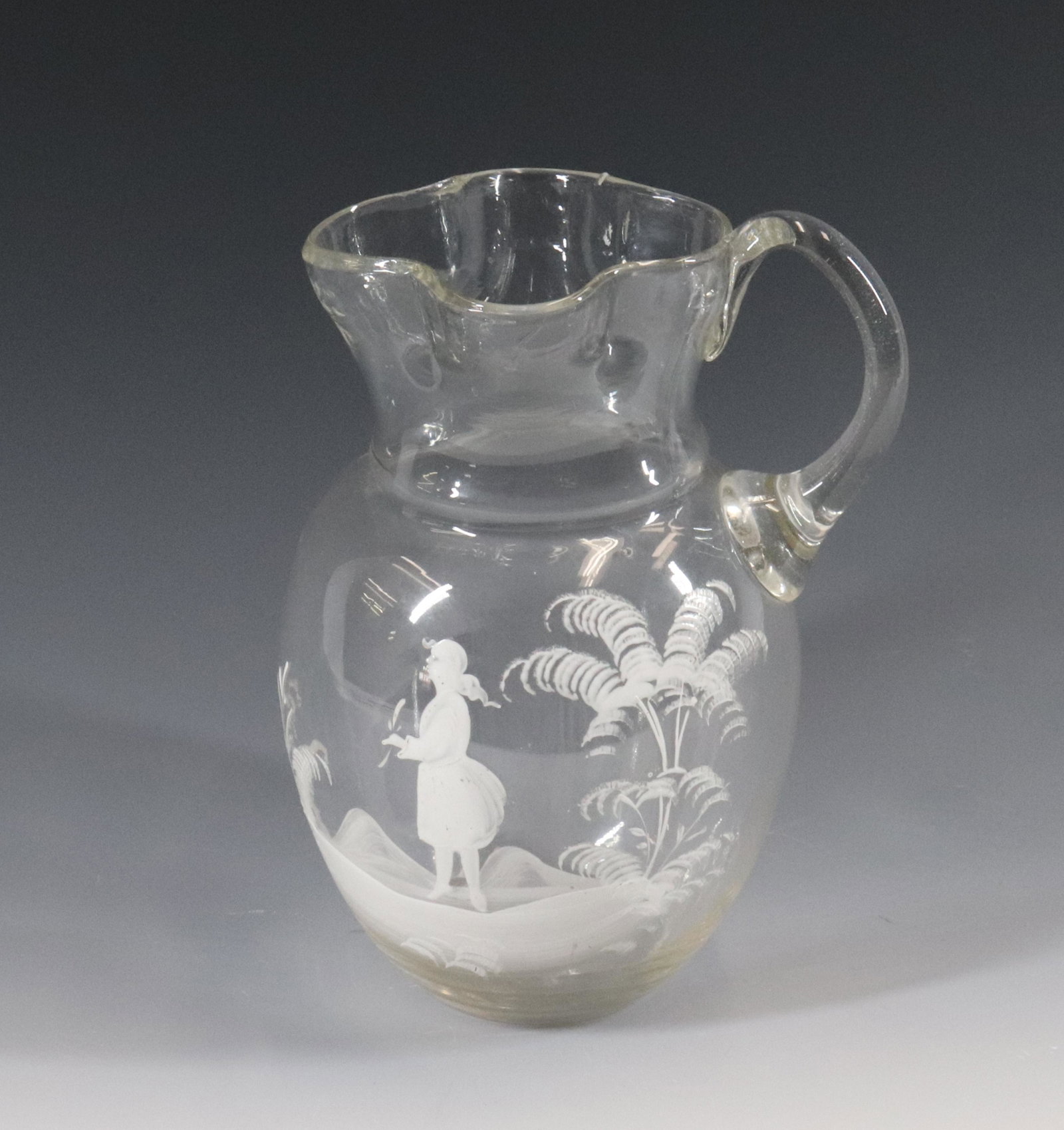 MARY GREGORY TYPE PITCHER: FERN AND FIGURE 19TH CENTURY VASE SIZE: 8" X 6" PLEASE READ BEFORE BIDDING – PICKUP FOR THIS AUCTION WILL NOT BE UNTIL THE WEEK OF OCTOBER 25TH. PICK-UP WILL BE FROM 9:00AM TILL 4:00PM – YOU MUST 