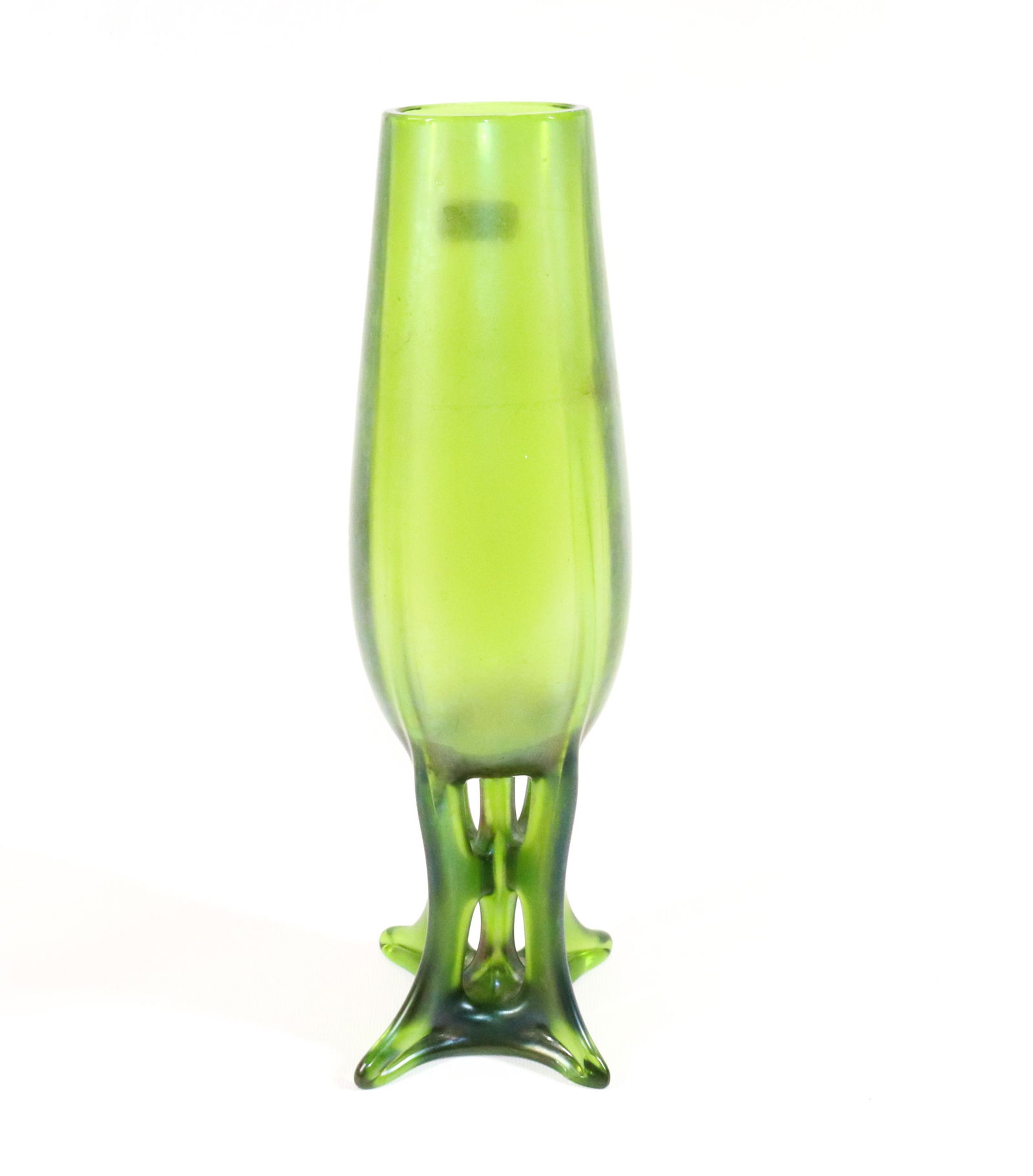 LOETZ TYPE ART GLASS VASE: LIGHT IRIDESCENT WITH 4 LEGS AND CENTER POST SIZE: 11 1/2" X 4 1/4" PLEASE READ BEFORE BIDDING – PICKUP FOR THIS AUCTION WILL NOT BE UNTIL THE WEEK OF OCTOBER 25TH. PICK-UP WILL BE FROM 9:00AM TILL