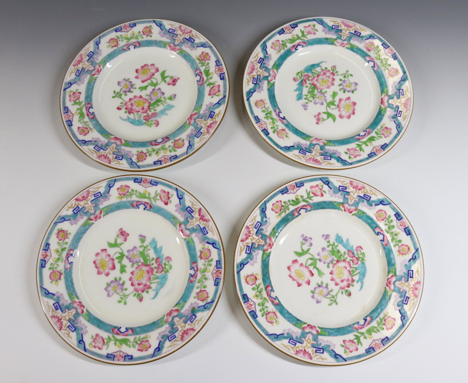 (4) MINTON PLATES: CHINESE TYPE PATTERN WITH PURPLE MARK SIZE: 7 3/4" DIAMETER PLEASE READ BEFORE BIDDING – PICKUP FOR THIS AUCTION WILL NOT BE UNTIL THE WEEK OF OCTOBER 25TH. PICK-UP WILL BE FROM 9:00AM TILL 4:00PM �