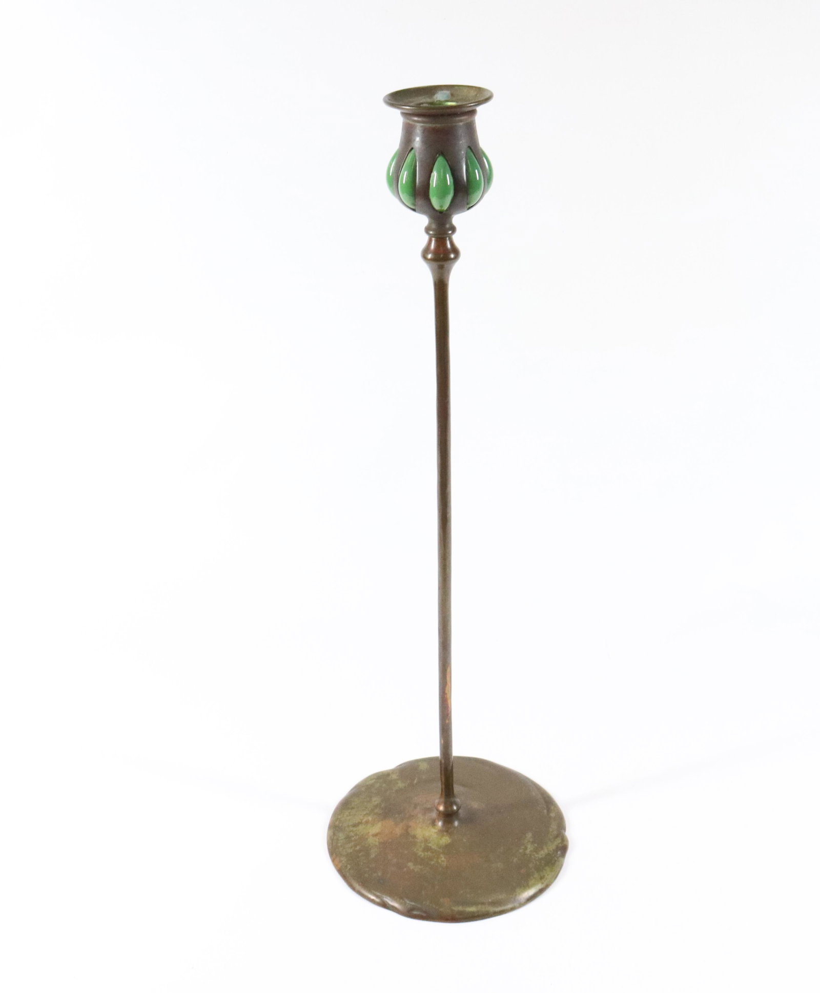 TIFFANY STUDIOS BRONZE CANDLESTICK: BRONZE WITH GREEN BLOWN GLASS INSERTS, ORIGINAL BOBECHE - TIFFANY STUDIOS, NEW YORK 1300. S752 SIZE: 17 1/2" X 5 3/4" PLEASE READ BEFORE BIDDING – PICKUP FOR THIS AUCTION WILL NOT BE UNTIL THE WEEK 