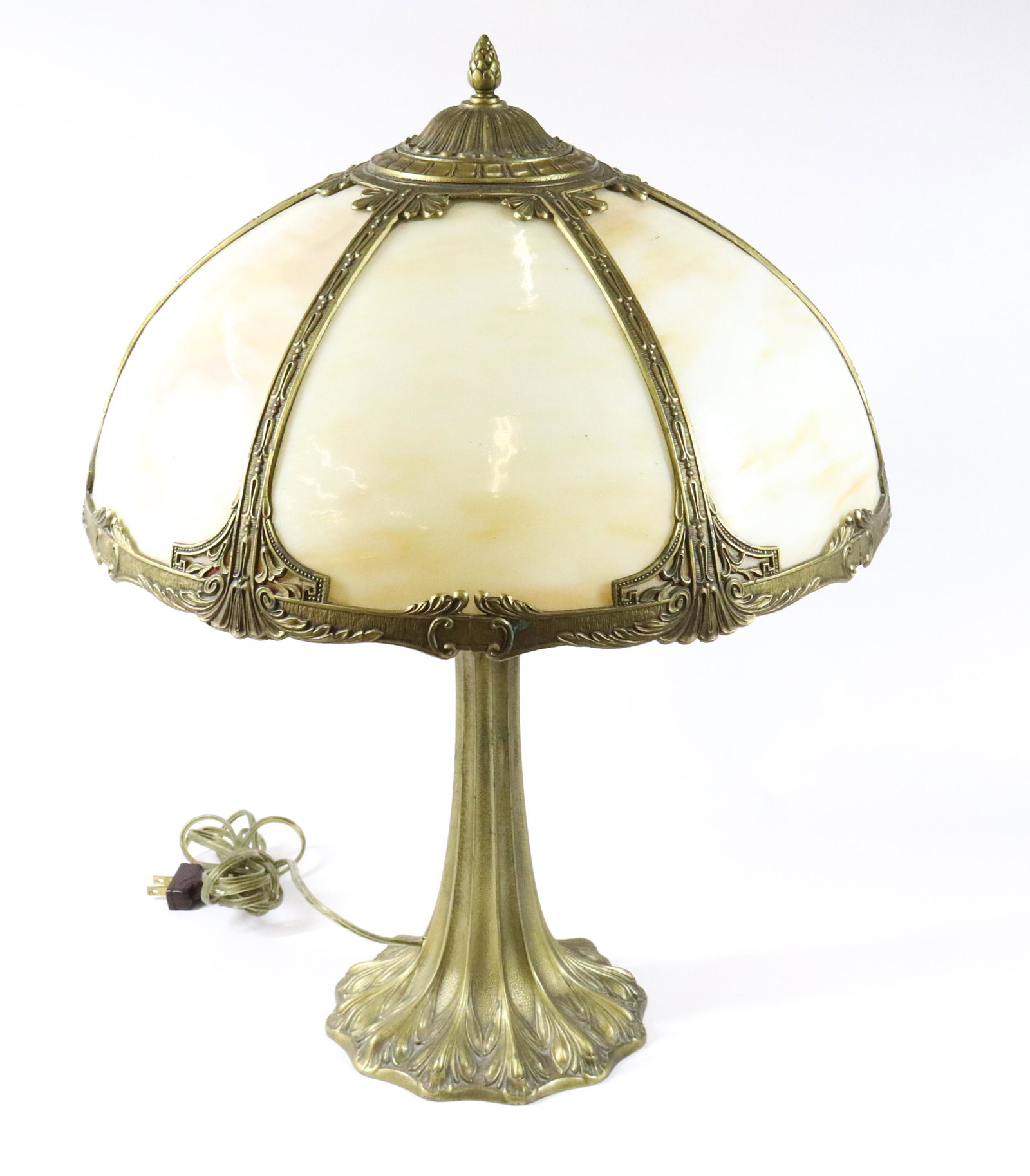ANTIQUE SLAG GLASS LAMP: 6 PANEL ROUND SLAG GLASS LAMP, ORIGINAL PATINA SIZE: 21" X 16 1/2" DIAMETER PLEASE READ BEFORE BIDDING – PICKUP FOR THIS AUCTION WILL NOT BE UNTIL THE WEEK OF OCTOBER 25TH. PICK-UP WILL BE FROM 9:00