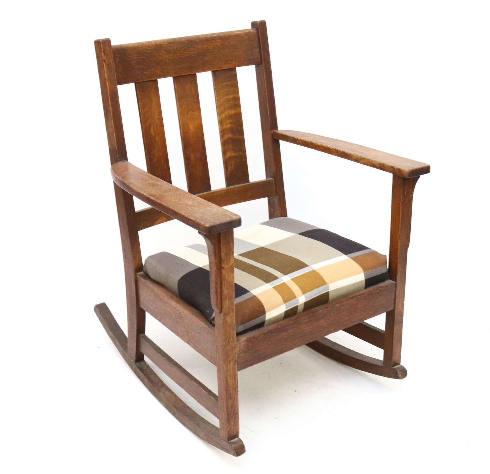 MISSION OAK ROCKING CHAIR: UPHOLSTERED SEAT SIZE: 34" X 26" X 21" PLEASE READ BEFORE BIDDING – PICKUP FOR THIS AUCTION WILL NOT BE UNTIL THE WEEK OF OCTOBER 25TH. PICK-UP WILL BE FROM 9:00AM TILL 4:00PM – YOU MUST MAKE AN A