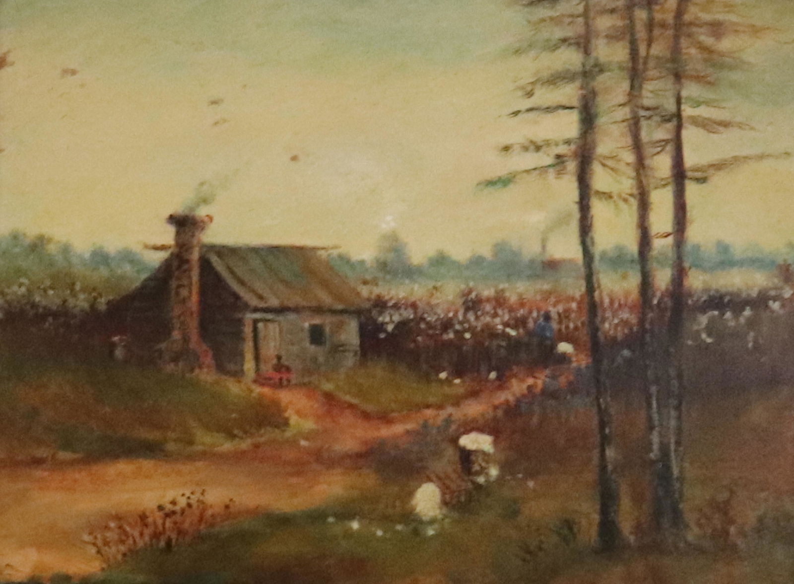 19TH C. OIL ON BOARD RURAL LIFE: GENRE OF WILLIAM WALKER WITH CABIN, SHARECROPPER AND COTTON FIELDS. ORNATE GILT FRAME SIZE: SIGHT VIEW 9" X 11 1/2" PLEASE READ BEFORE BIDDING – PICKUP FOR THIS AUCTION WILL NOT BE UNTIL THE WEEK OF