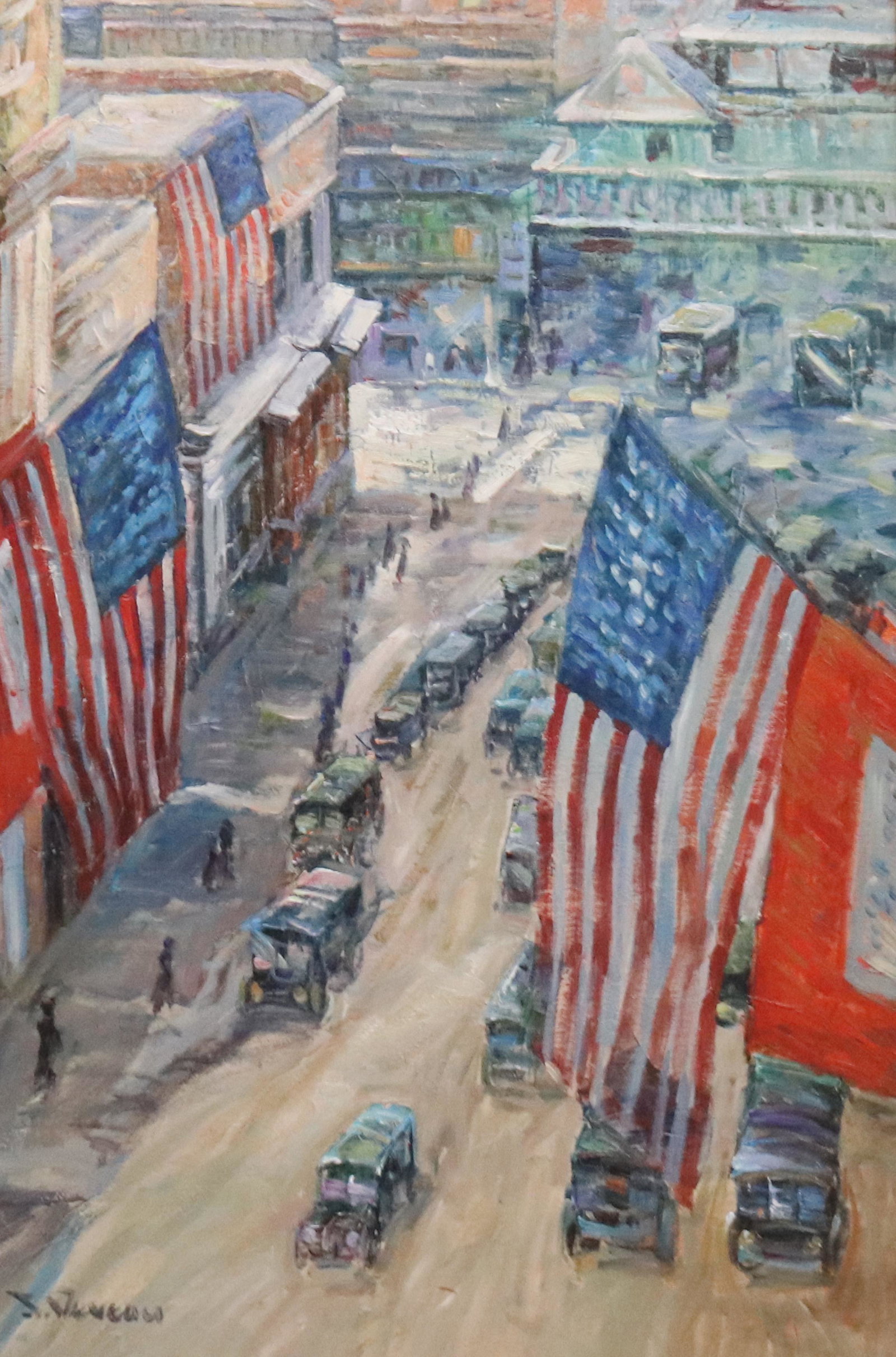 JACQUES DEVEAU (FRENCH, B. 1937) OIL ON CANVAS: CITY STREET SCENE WITH PROMINENT AMERICAN FLAGS DISPLAYED. STREETED LINED WITH AUTOMOBILES. SGND. BOTTOM LEFT. GILT FRAME. SIZE: SIGHT VIEW 35 1/2" X 23 1/2" PLEASE READ BEFORE BIDDING – PICKUP FOR 