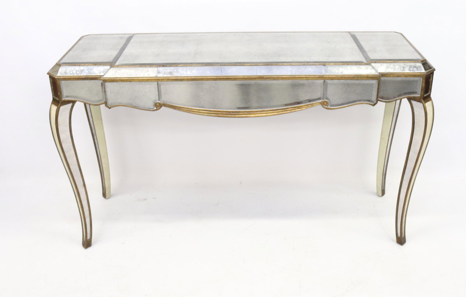 DECORATIVE MIRRORED CONSOLE TABLE: PAINTED WOOD AND BEVELED GLASS ON ALL SIDES SIZE: 30" X 52" X 18" PLEASE READ BEFORE BIDDING – PICKUP FOR THIS AUCTION WILL NOT BE UNTIL THE WEEK OF OCTOBER 25TH. PICK-UP WILL BE FROM 9:00AM TILL 4:
