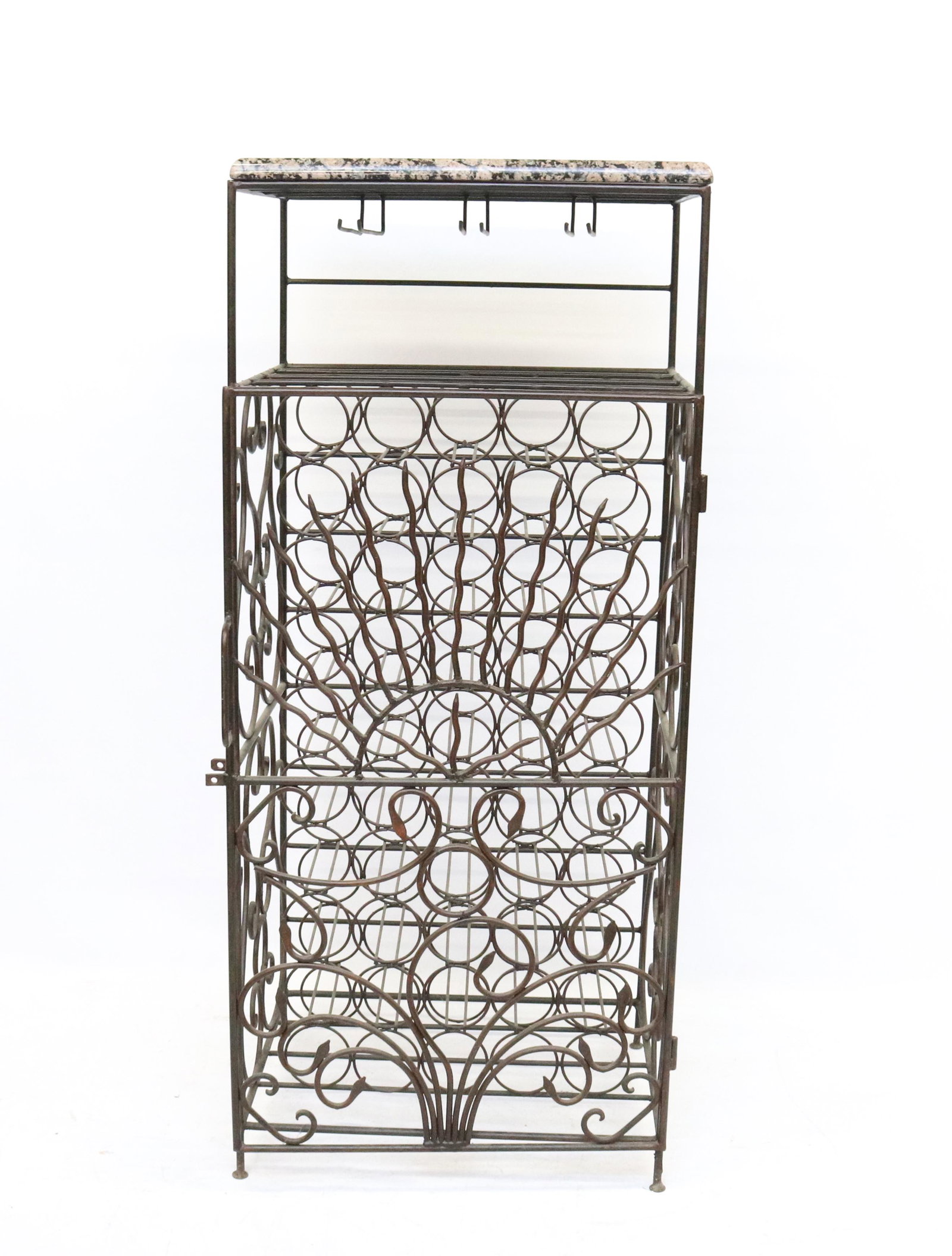 CUSTOM WROUGHT IRON WINE BOTTLE STORAGE CABINET: HOLDS 50 BOTTLES. DOOR HAS SUNRISE MOTIF. GRANITE SLAB ON TOP SIZE: 60" X 26" X 20" PLEASE READ BEFORE BIDDING – PICKUP FOR THIS AUCTION WILL NOT BE UNTIL THE WEEK OF OCTOBER 25TH. PICK-UP WILL BE F
