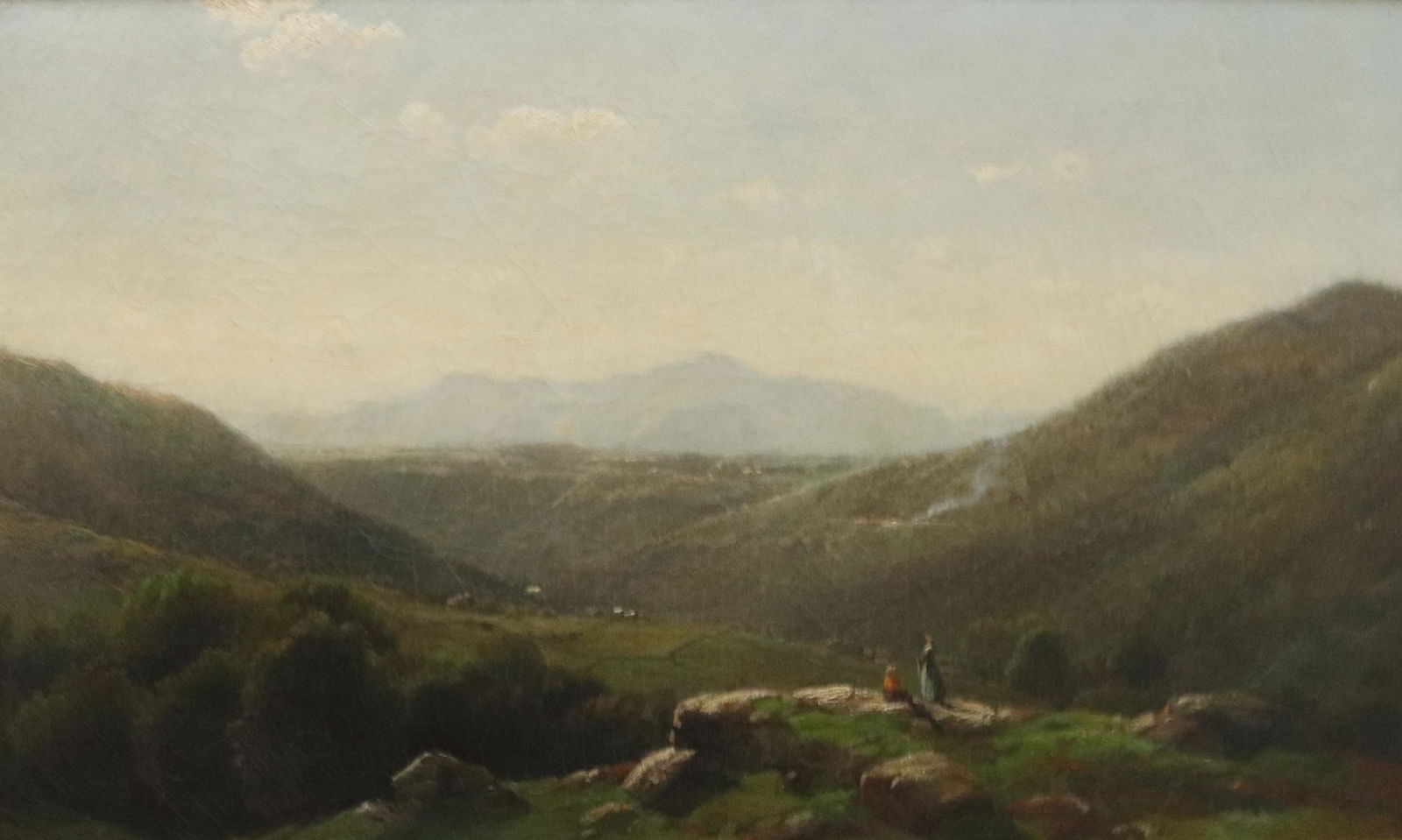 JOHN BUNYAN BRISTOL (1826-1909, AMERICAN) FRAMED OIL ON: EXPANSIVE VALLEY SCENE WITH HOUSES NESTLED IN BOTTOM OF VALLEY. TWO FIGURES IN FOREFRONT LOOKING OUT TOWARDS VALLEY AND DISTANT MOUNTAINS. SGND. BOTTOM RIGHT "J.B. BRISTOL". HANG TAG ON BACK FROM GUST