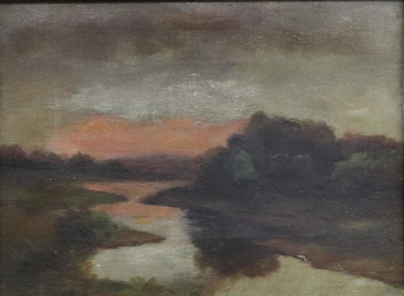 19TH C. HUDSON RIVER SCHOOL OIL ON CANVAS: "RIVER BASIN AT SUNSET" WITH ORNATE CARVED FRAME. UNSIGNED SIZE: SIGHT VIEW 6" X 8 1/2" PLEASE READ BEFORE BIDDING – PICKUP FOR THIS AUCTION WILL NOT BE UNTIL THE WEEK OF OCTOBER 25TH. PICK-UP WILL 