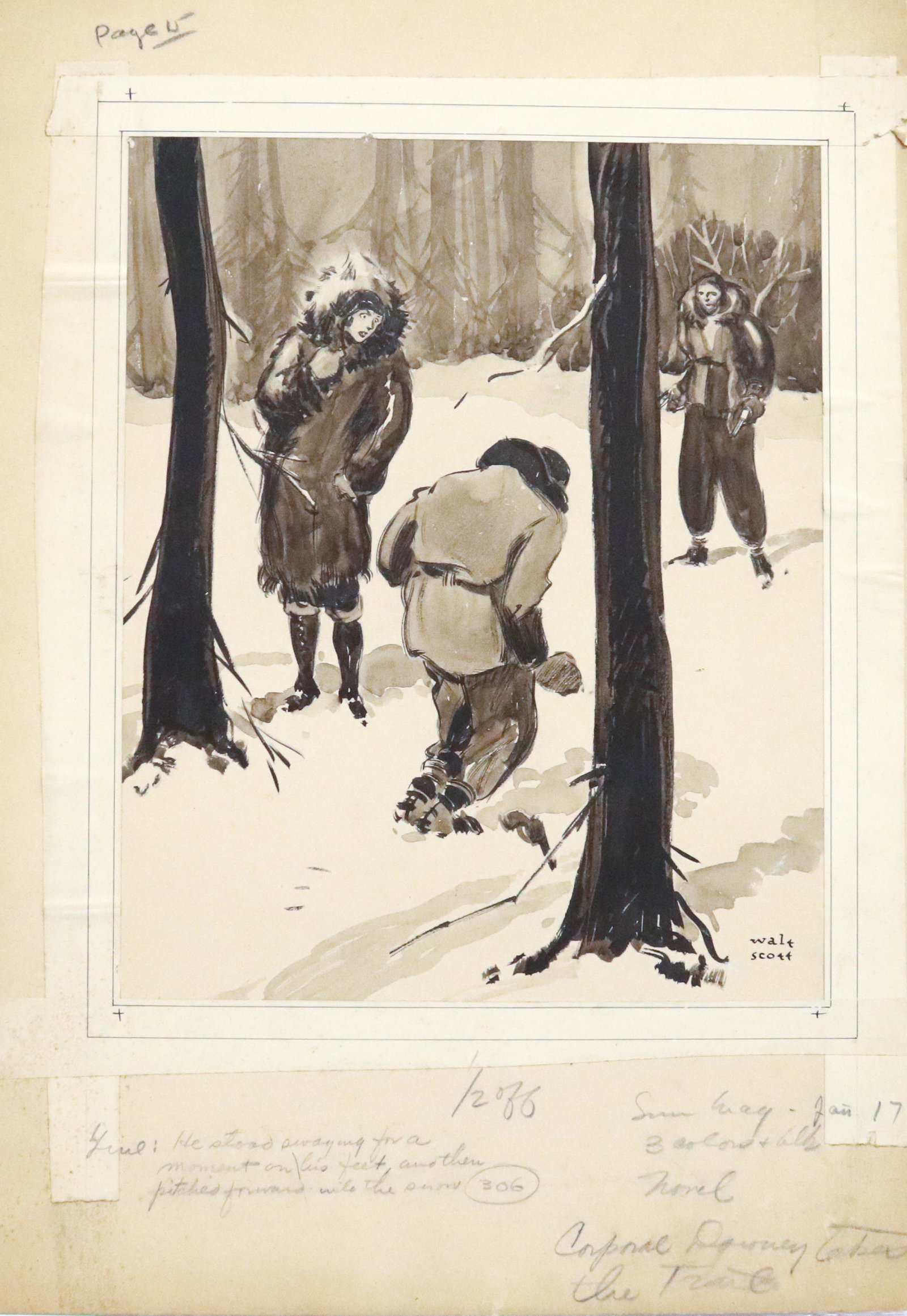 WALT SCOTT (1894-1970, AMERICAN) ILLUSTRATION: DEPICTS A "DUEL" IN THE WOODS WHERE ONE MAN HAS BEEN SHOT AND A WOMAN LOOKS ON. SGND. BOTTOM RIGHT. FOR "CORPORAL DOWNEY TAKES THE TRAIL" BY JAMES B. HENDRYX, 1930S SIZE: 11" X 9" SIGHT VIEW PLEASE RE