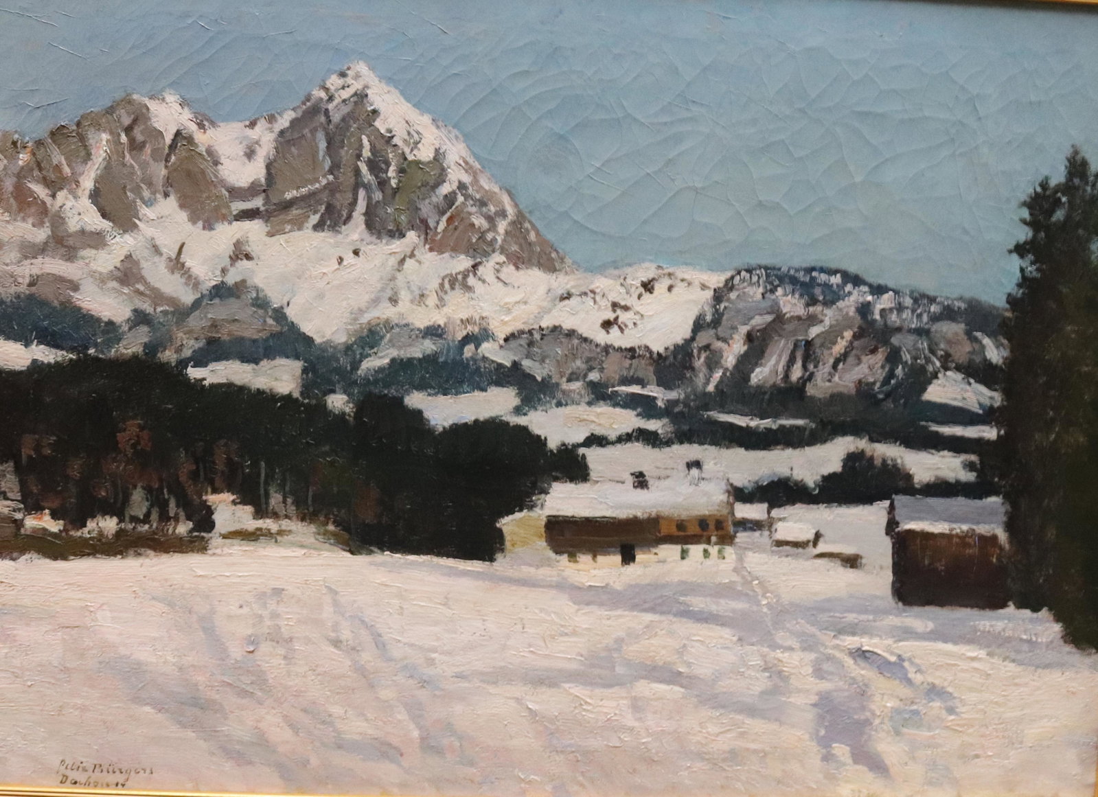 FELIX BURGERS (1870-1934, GERMAN) OIL ON CANVAS: "SNOWFALL IN THE MOUNTAINS, SGND. BOTTOM LEFT. MODERN FRAME SIZE: 27" X 37" SIGHT VIEW PLEASE READ BEFORE BIDDING – PICKUP FOR THIS AUCTION WILL NOT BE UNTIL THE WEEK OF OCTOBER 25TH. PICK-UP WILL B