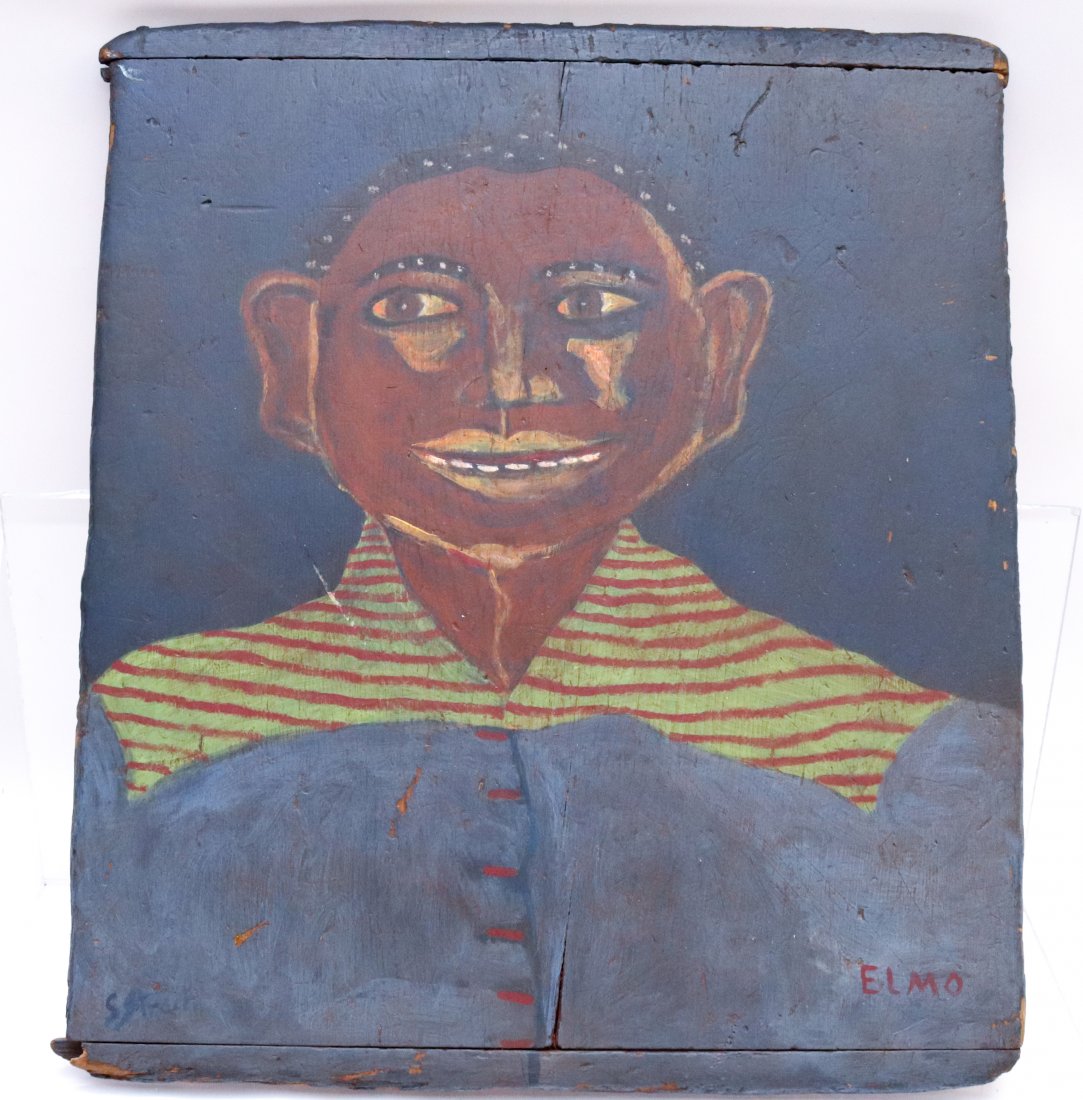 FOLK ART BLACK AMERICANA PAINTING: AFRICAN AMERICAN MAN "ELMO" PAINTED ON WOODEN BOARD. SGND. BOTTOM LEFT "S STRACH (SP. ?)" SIZE: 21 1/2" X 19" PLEASE READ BEFORE BIDDING – PICKUP FOR THIS AUCTION WILL NOT BE UNTIL THE WEEK OF OCTOB