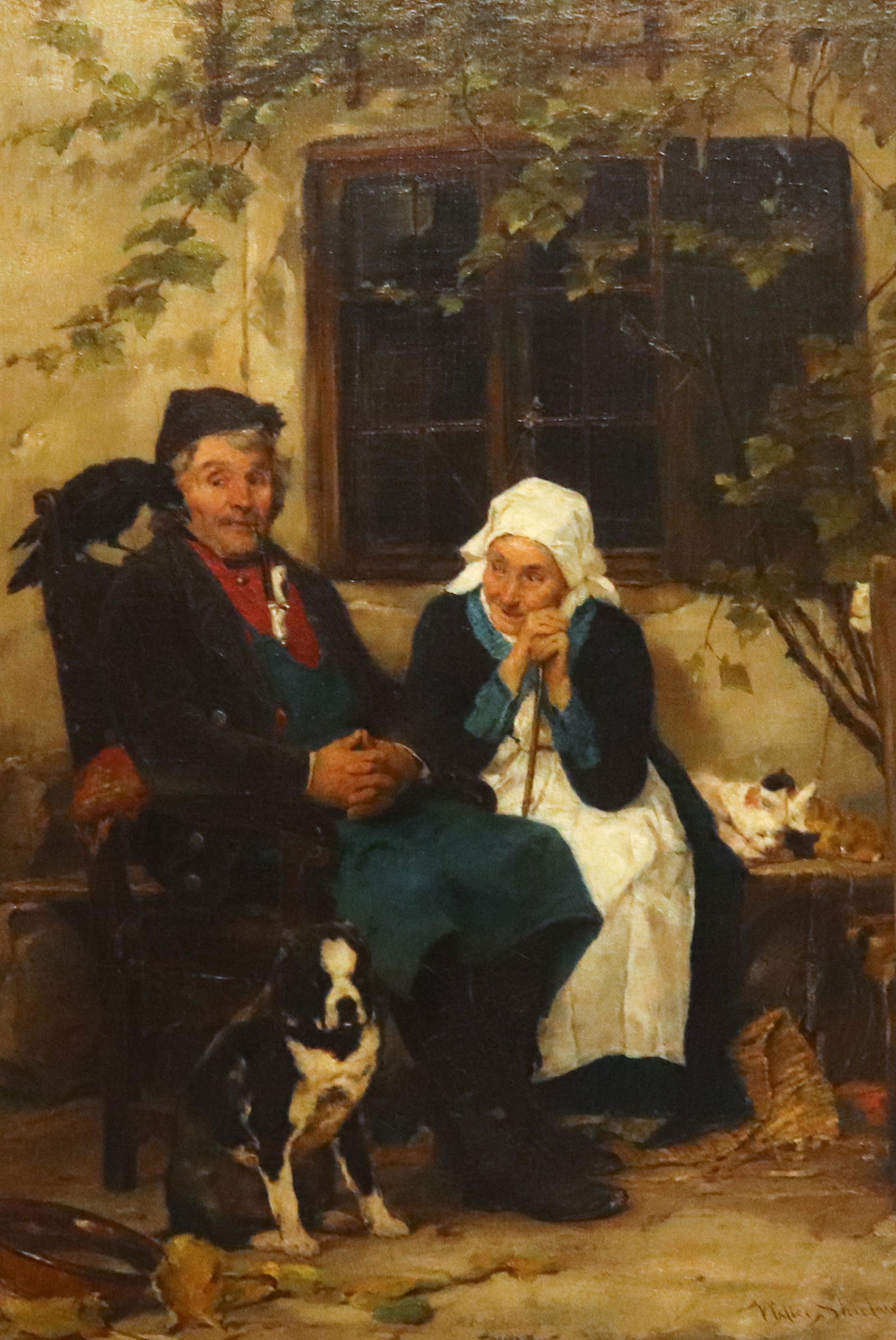 WALTER SHIRLAW (1838-1909) OIL ON CANVAS: SMOKING MAN WITH SEATED WOMAN SURROUNDED BY A BIRD, DOG AND NAPPING CATS. SGND. BOTTOM RIGHT AND DATED 1874. FRAMED SIZE: 18 1/2" X 13" SIGHT VIEW PLEASE READ BEFORE BIDDING – PICKUP FOR THIS AUCTIO