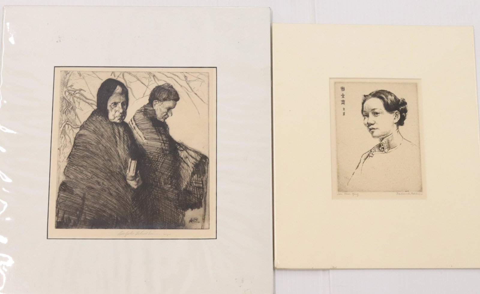 (2) VINTAGE ETCHINGS: INCLUDING: FREDERICK ROBBINS "LOU MAE YING" AND ADOLPHE W. BLONDHEIM "TWO OLD WOMEN". BOTH UNFRAMED SIZE: 5 7/8" X 4" AND 8 1/4" X 7 3/4" PLEASE READ BEFORE BIDDING – PICKUP FOR THIS AUCTION WILL NO