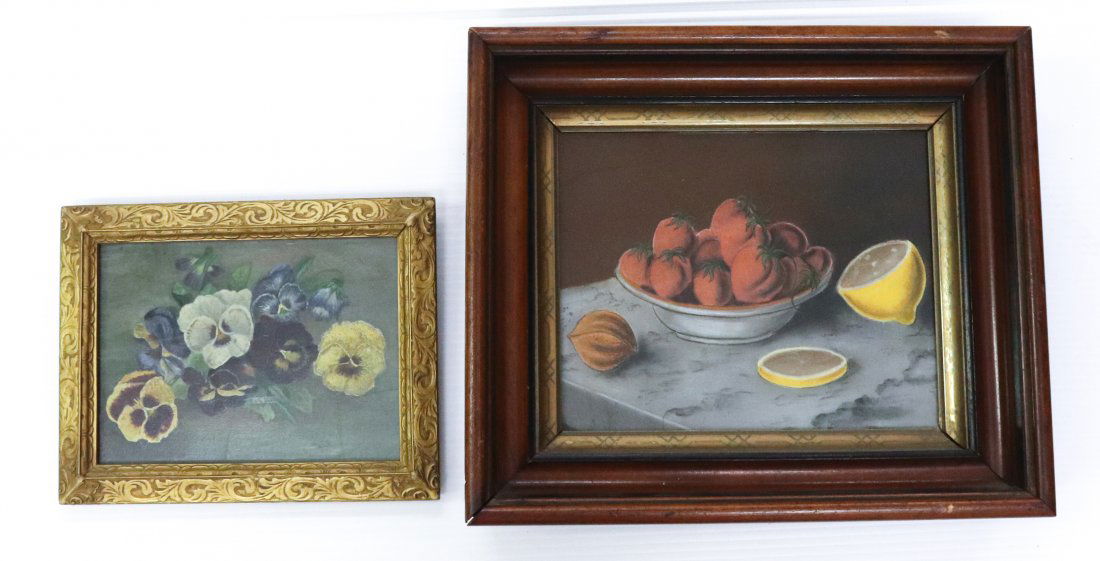 (2) VINTAGE STILL LIFE PAINTINGS: INCLUDING: PANSIES ON ARTISTS BOARD AND FRUIT IN A BOWL ON MARBLE TABLE. BOTH FRAMED UNDER GLASS. UNSIGNED. SIZE: 6" X 8" AND 8" X 10" SIGHT VIEWS PLEASE READ BEFORE BIDDING – PICKUP FOR THIS AUCTIO